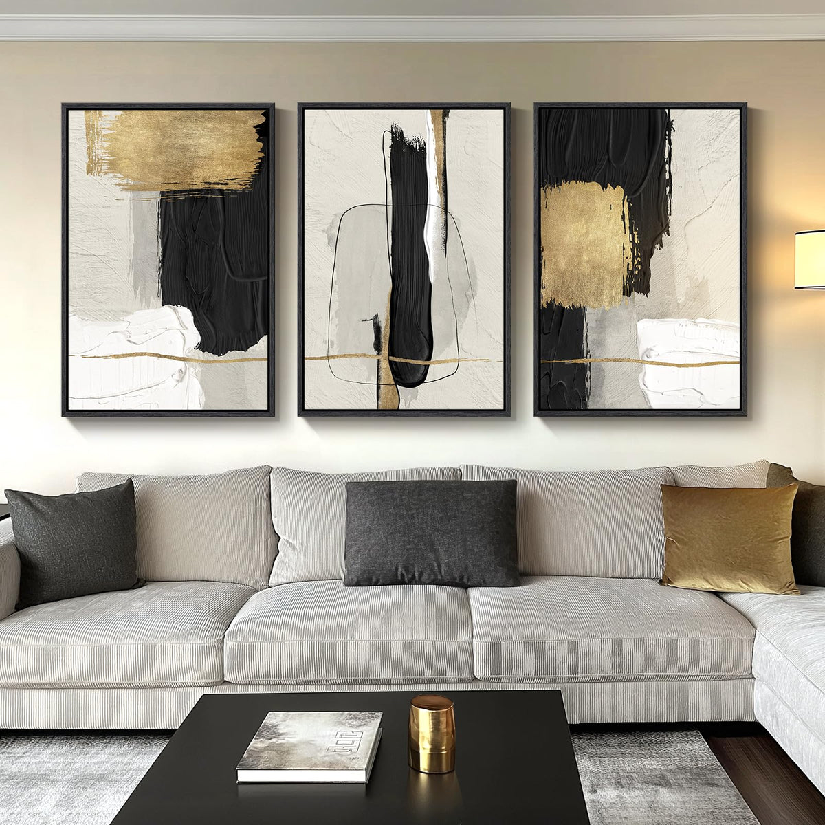 Framed Black and White Modern Abstract Wall Art, 3 Piece Canvas Prints Paintings Artwork for Walls, Minimalist Black White Grey Pictures for Living Room Dining Room Bedroom Office Wall Decor 16x24 In