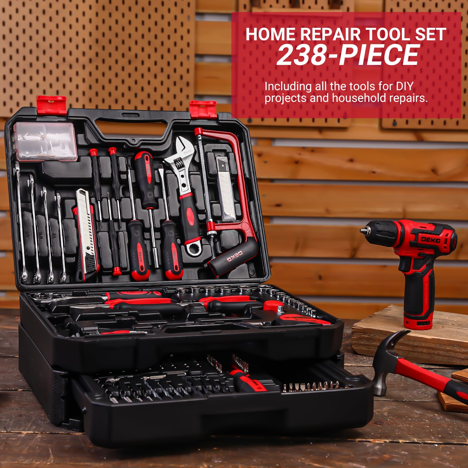Tool Set: Tool Kit with 12V Cordless Drill, Hand Toolbox with storage case, Mechanic Tool set for Home Repairs, Green