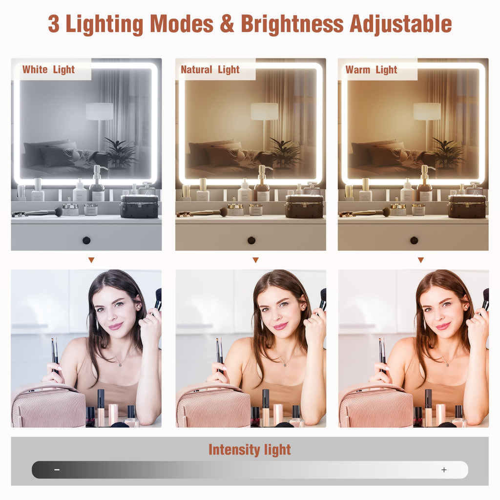 YIKEHOME Makeup Vanity Desk with Mirror and 10 Lights, 3-Colour Hollywood Brighter Bulbs, Vanity Table Set with Large Drawers and and Charging Station for Bedroom Dressing Room White