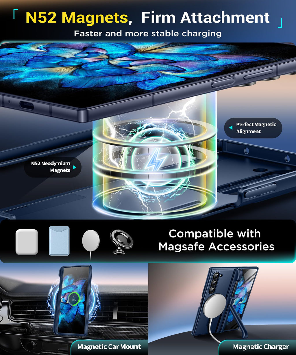BERFY for Z Fold 6 Case with Screen Protector, [Compatible with MagSafe] Built-in Kickstand & S Pen Slot & Hinge Protection, Full Body Shockproof Phone Case for Samsung Galaxy Z Fold 6, Blue