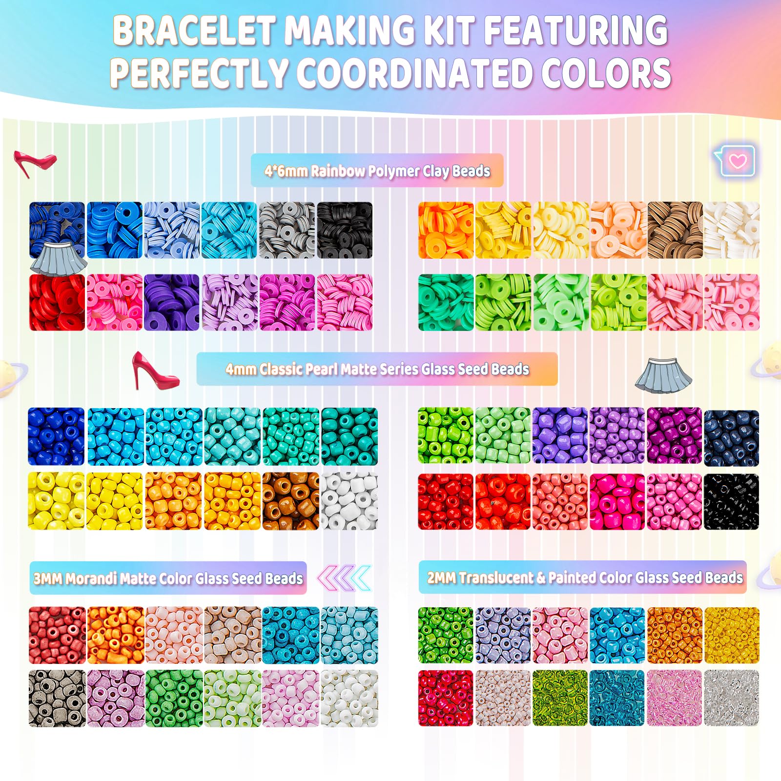 Goldwise Friendship Bracelet Kit - 4 Boxes, 48 Colors Clay & 4mm Seed Beads, Letter Beads, Charms for Jewelry & Bracelet Making for Gifts & Parties