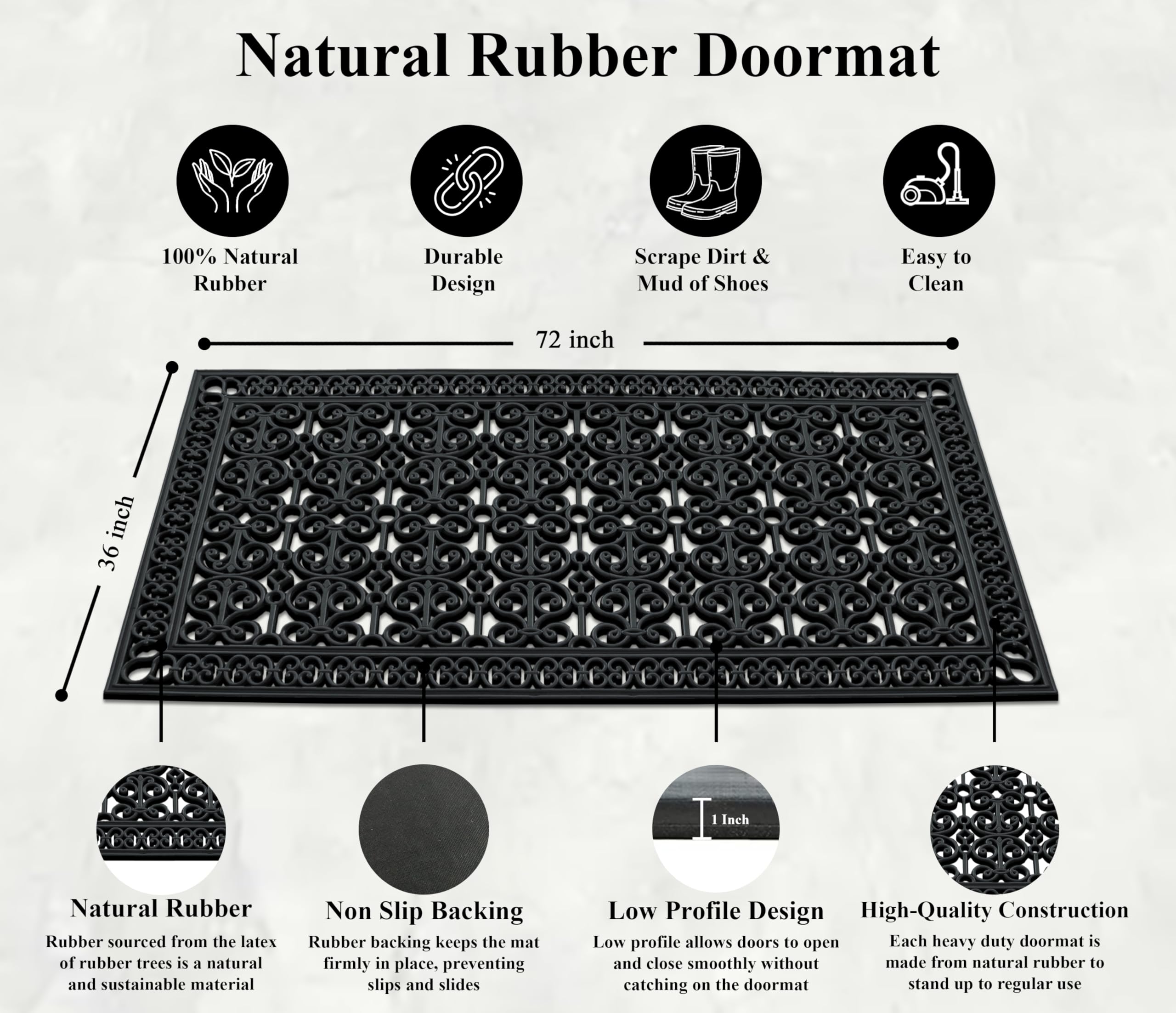 A1 Home Collections 19-LB Heavy Duty Rubber Doormat 24"×57" - Won't Blow Away | Outside Front Door Mat, Mud Dirt Scraper, Non-Slip Drainage Mat for Entryway Patio Garage, All-Weather, 100% Rubber Mats