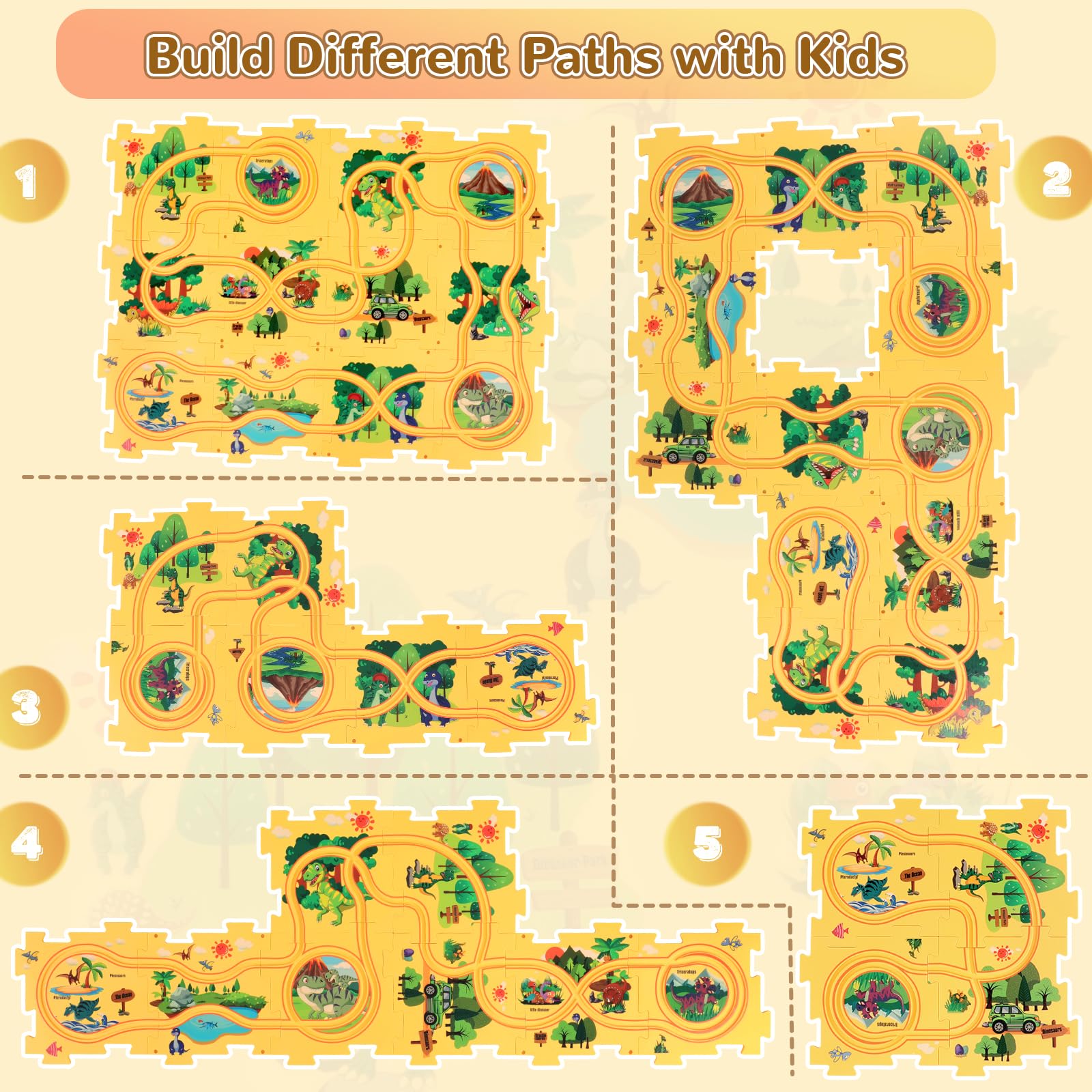Puzzle Track Car Play Set with 12 Dinosaur Figures, Plastic Railcar Floor Puzzles for Kids Ages 3-5 with Vehicles, Toys Gifts for 3 4 5 6 Year Old Boys