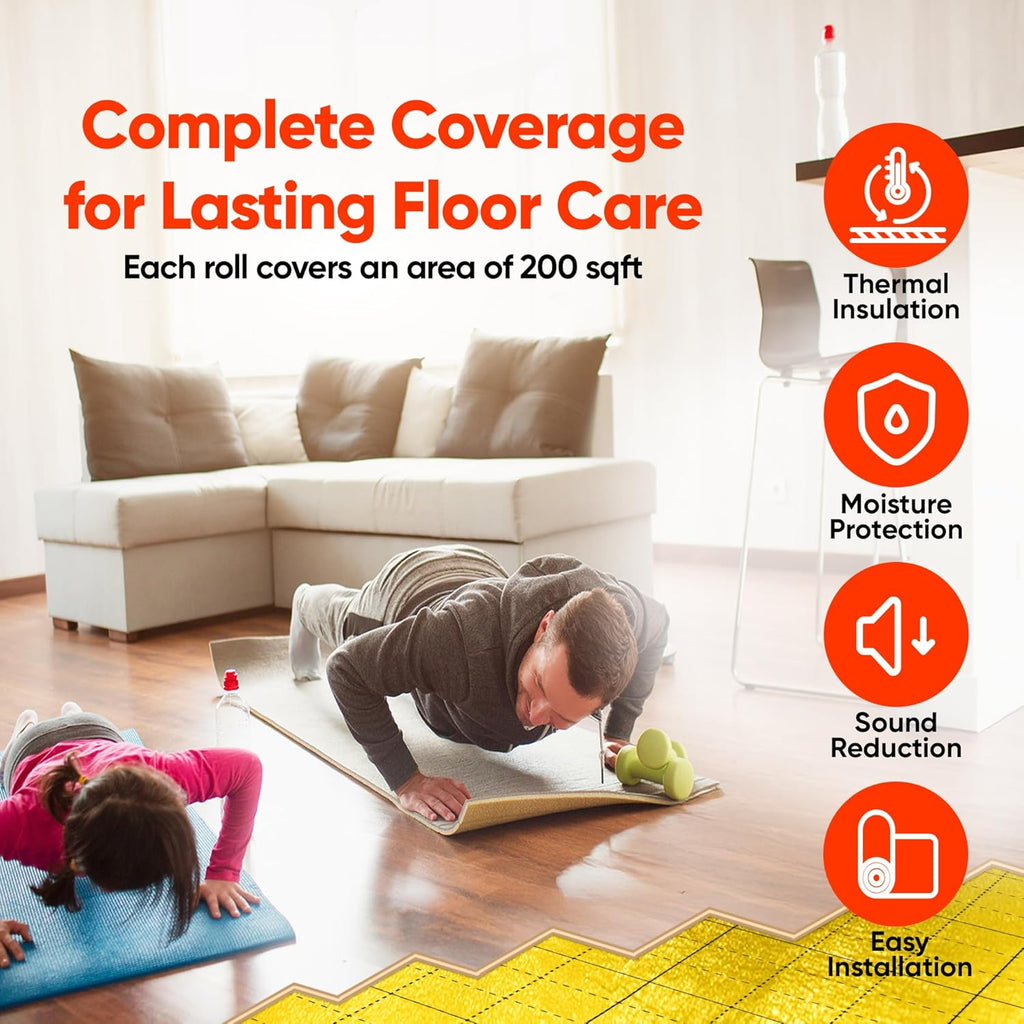 GoldMax Premium Floor Underlayment - 200 sqft Roll - 3mm Thick - with Moisture Barrier
