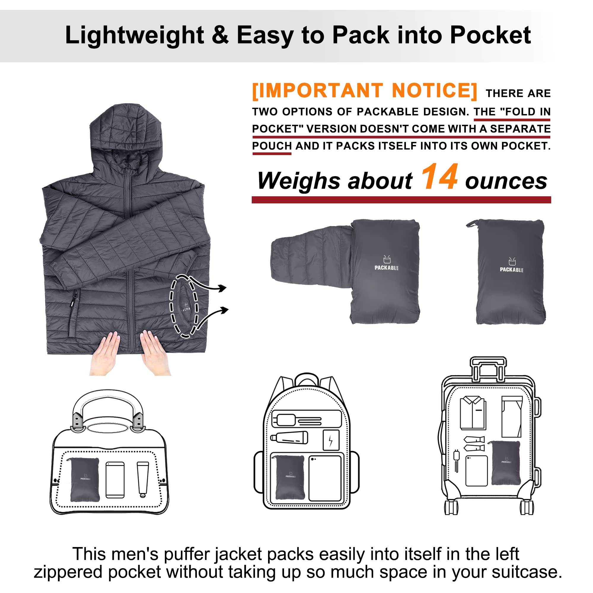 Outdoor Ventures Men's Lightweight Packable Hooded Puffer Jacket Insulated Winter Coat for Snow Ski Traveling