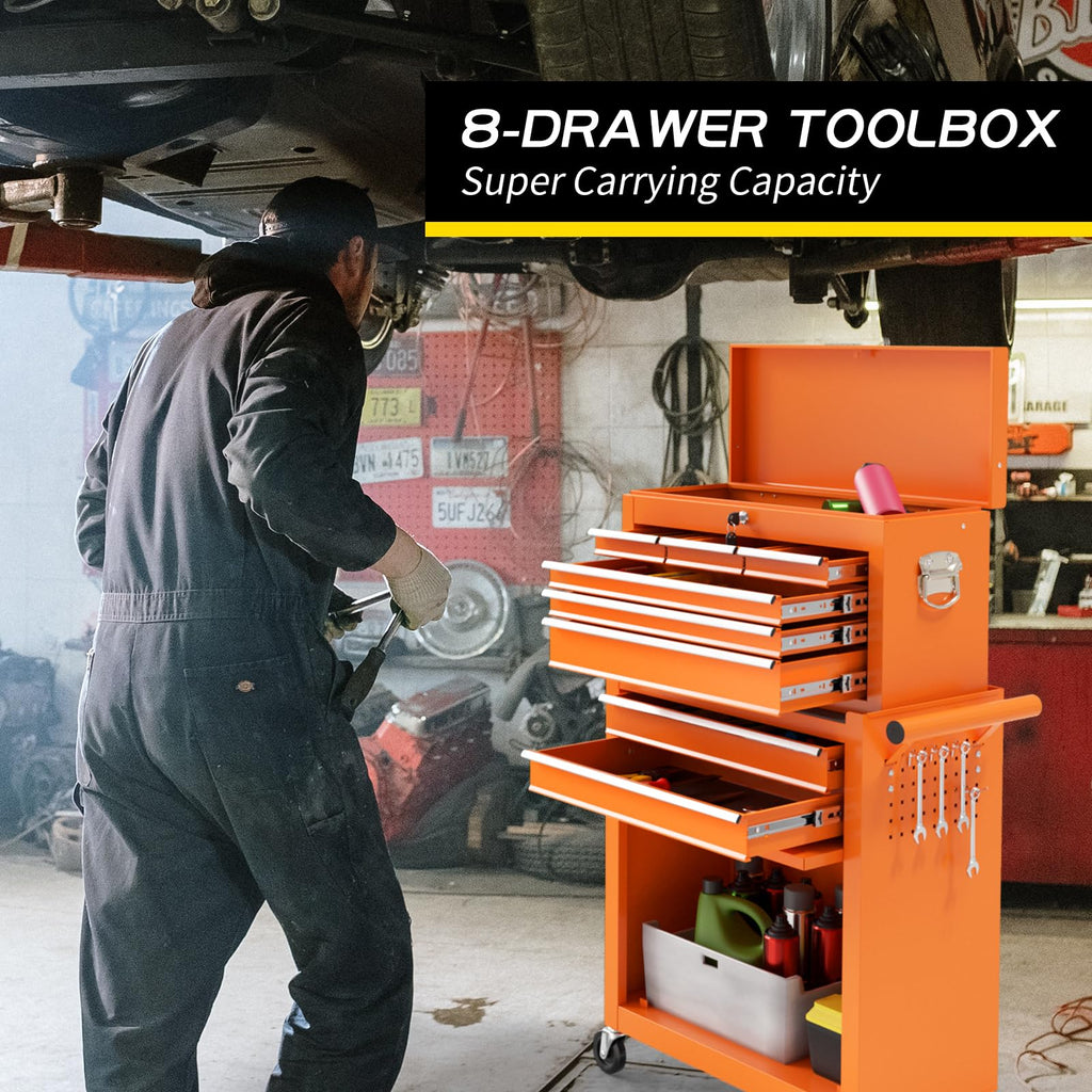 On Shine 8 Drawer Rolling Tool Chest, Large Capacity Rolling Tool Box with Wheels, Locking Mechanical Tool Chest, Portable Tool Box with Sliding Drawers for Garage Workshop and Tool Room (Black)