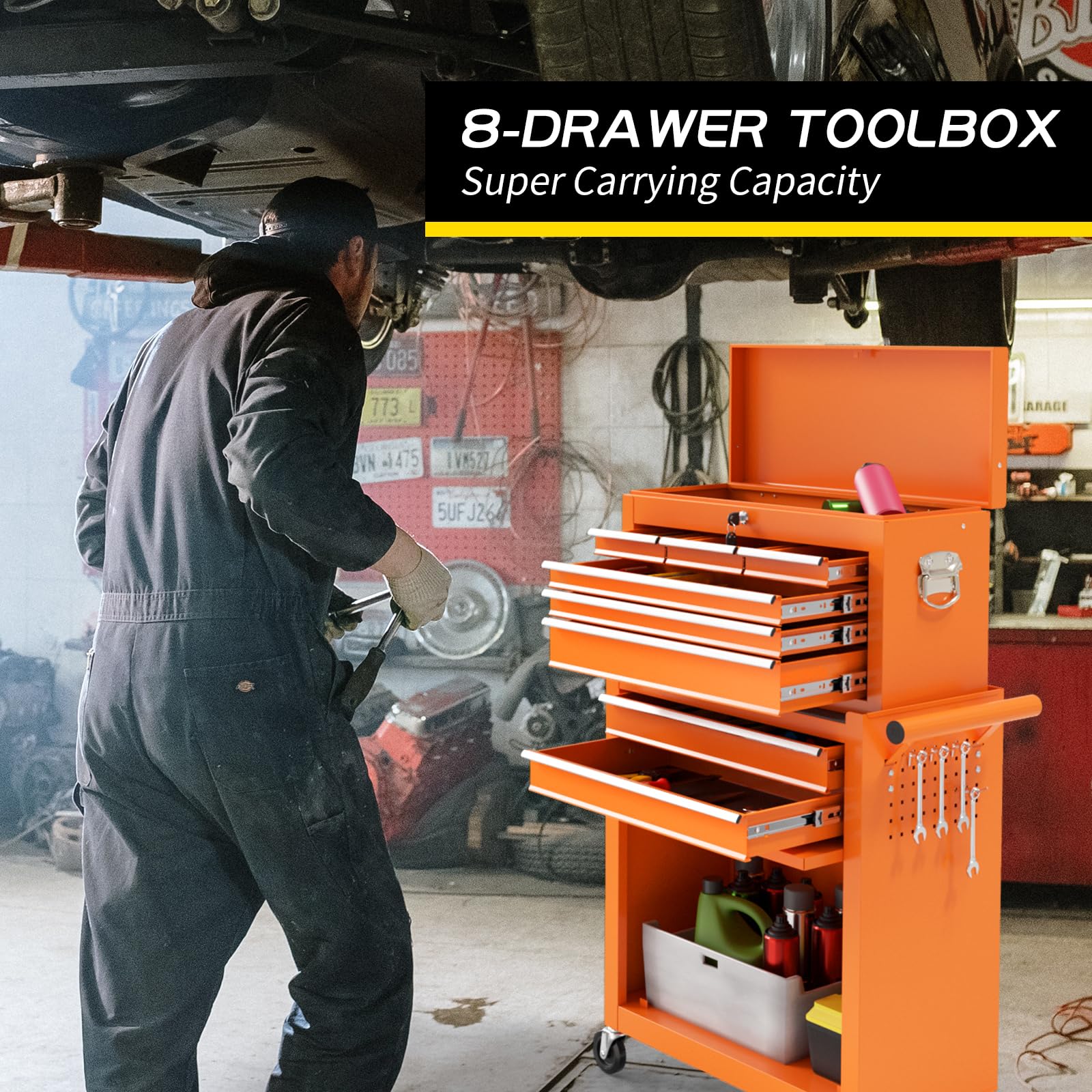 On Shine 8 Drawer Rolling Tool Chest, Large Capacity Rolling Tool Box with Wheels, Locking Mechanical Tool Chest, Portable Tool Box with Sliding Drawers for Garage Workshop and Tool Room (Black)