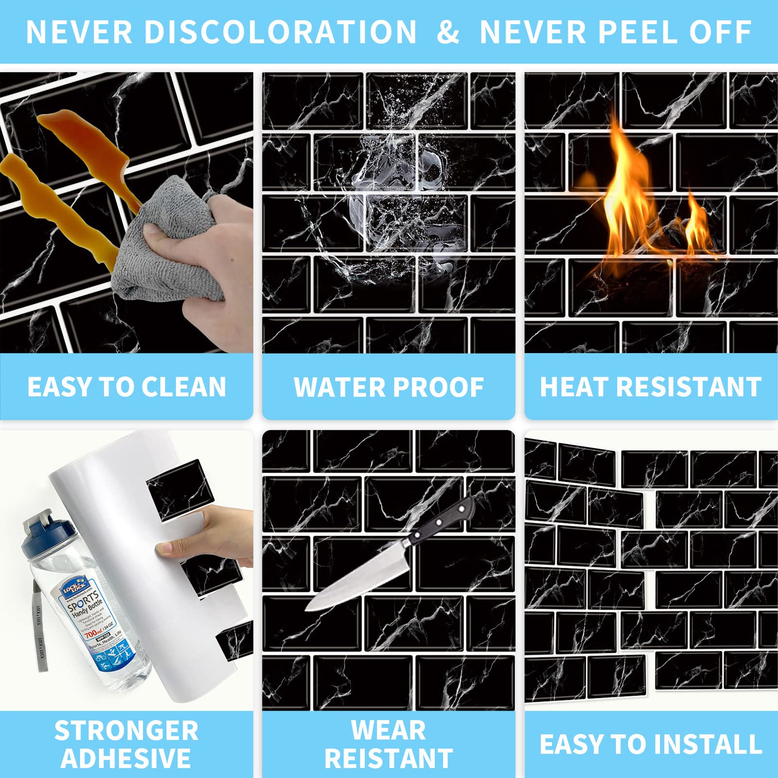 URCOLOR 10-Sheet Back Splashes for Kitchens Peel and Stick,12"x12" Self Adhesive Subway Wall Tiles Stick on backsplash Tiles for Bathroom Black Marble