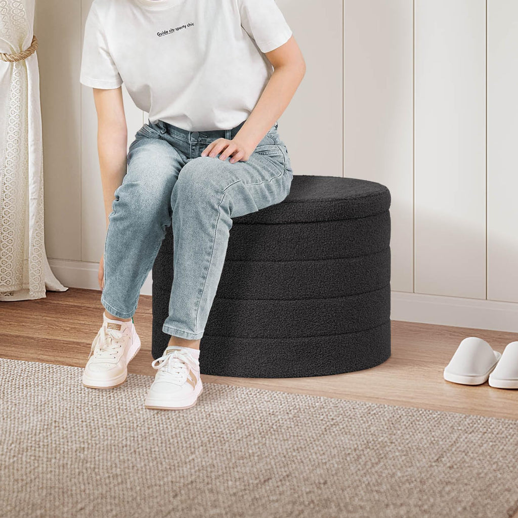 PINPLUS Round Storage Ottoman Foot Rest Stool with Tray Velvet Sherpa Folding Storage Ottoman,Boucle Foot Rest for Living Room, Bedroom, Dorm（Beige）