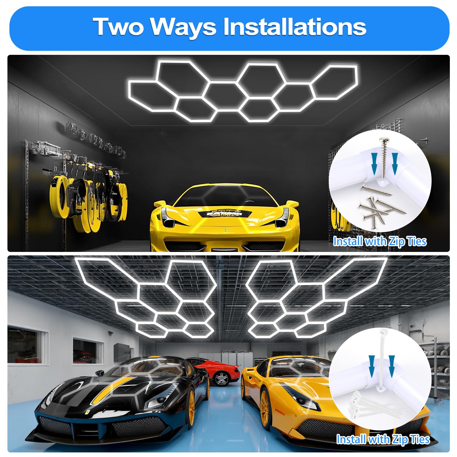 LZHOME LED Hexagon Garage Light: 12700LM Car Detailing Shop Light, DIY Splicing Ceiling & Wall Decor Lights, for Workshop Basement Gym Warehouse Bar Gaming Room