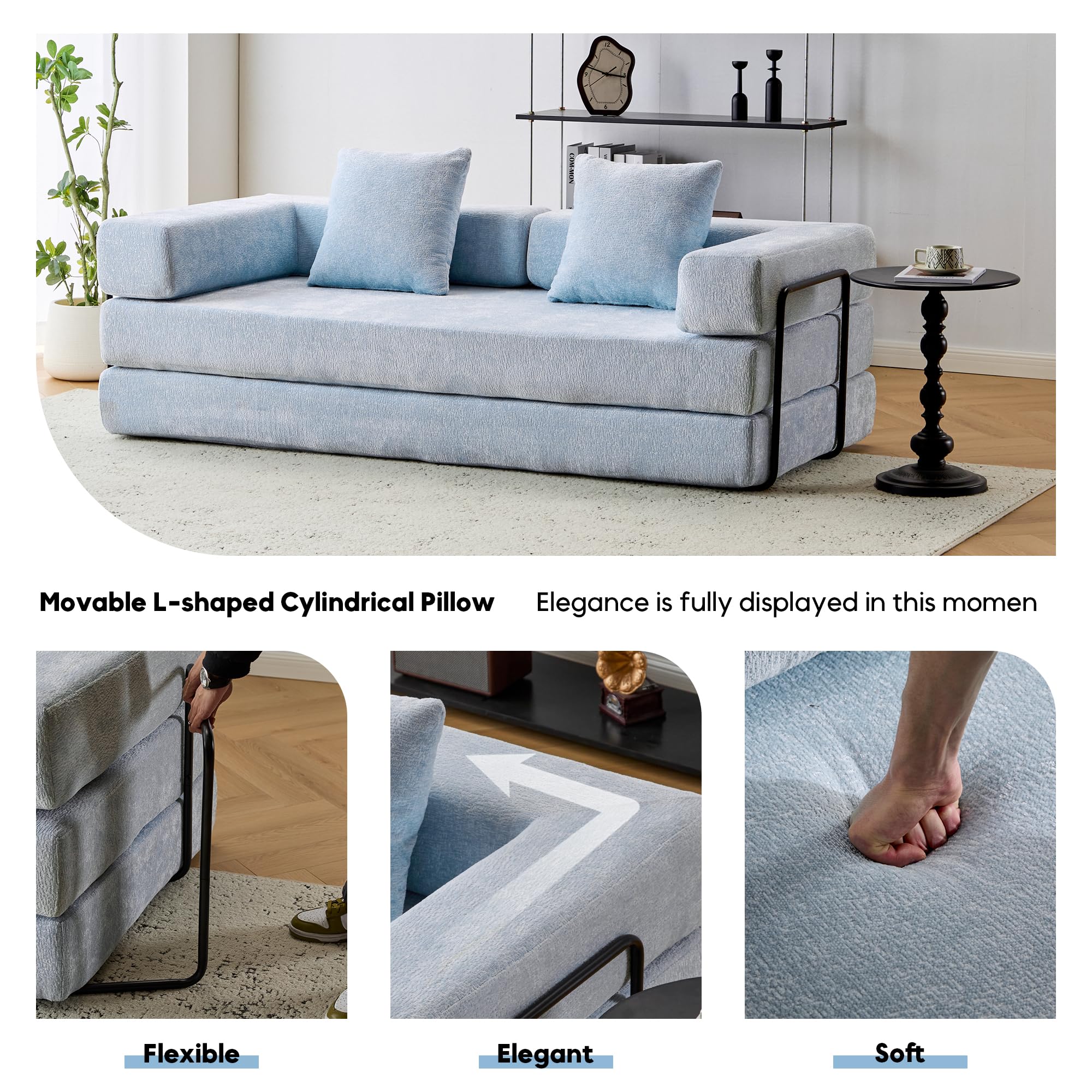 ZEIINPA 59“ Convertible Floor Sofa Bed, 5-in-1 Futon Sofa Bed Pull Out Sleeper Couch, Modern Corduroy Compressed Loveseat, Modular Boneless Couches for Living Room, No Assembly Required, Beige
