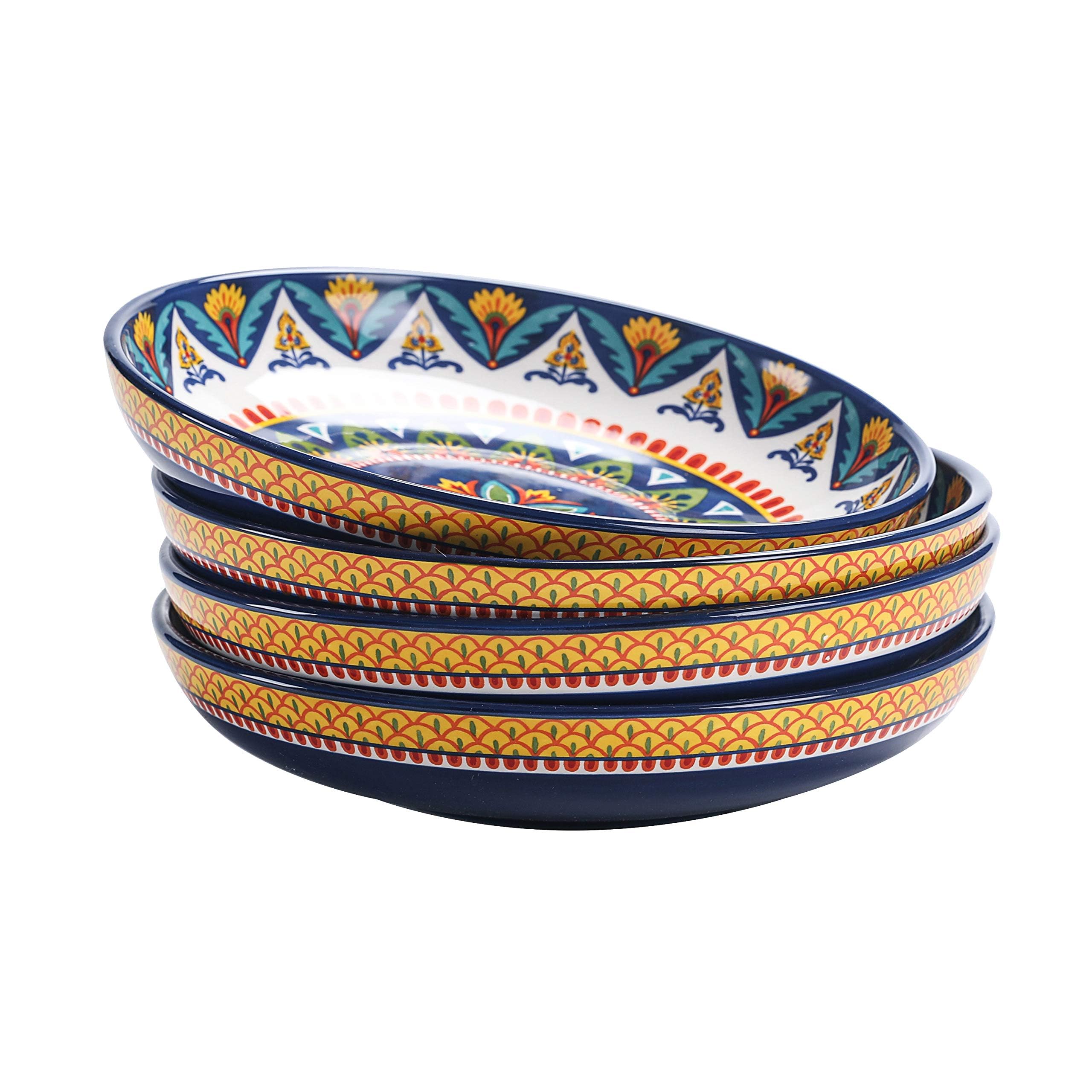 Bico Blue Talavera Pasta Bowls, 35oz Salad Bowl Set of 4, Large Ceramic Serving Dinner Bowls for Soup and Cereal, Microwave and Dishwasher Safe, Gift for Housewarming and Thanksgiving