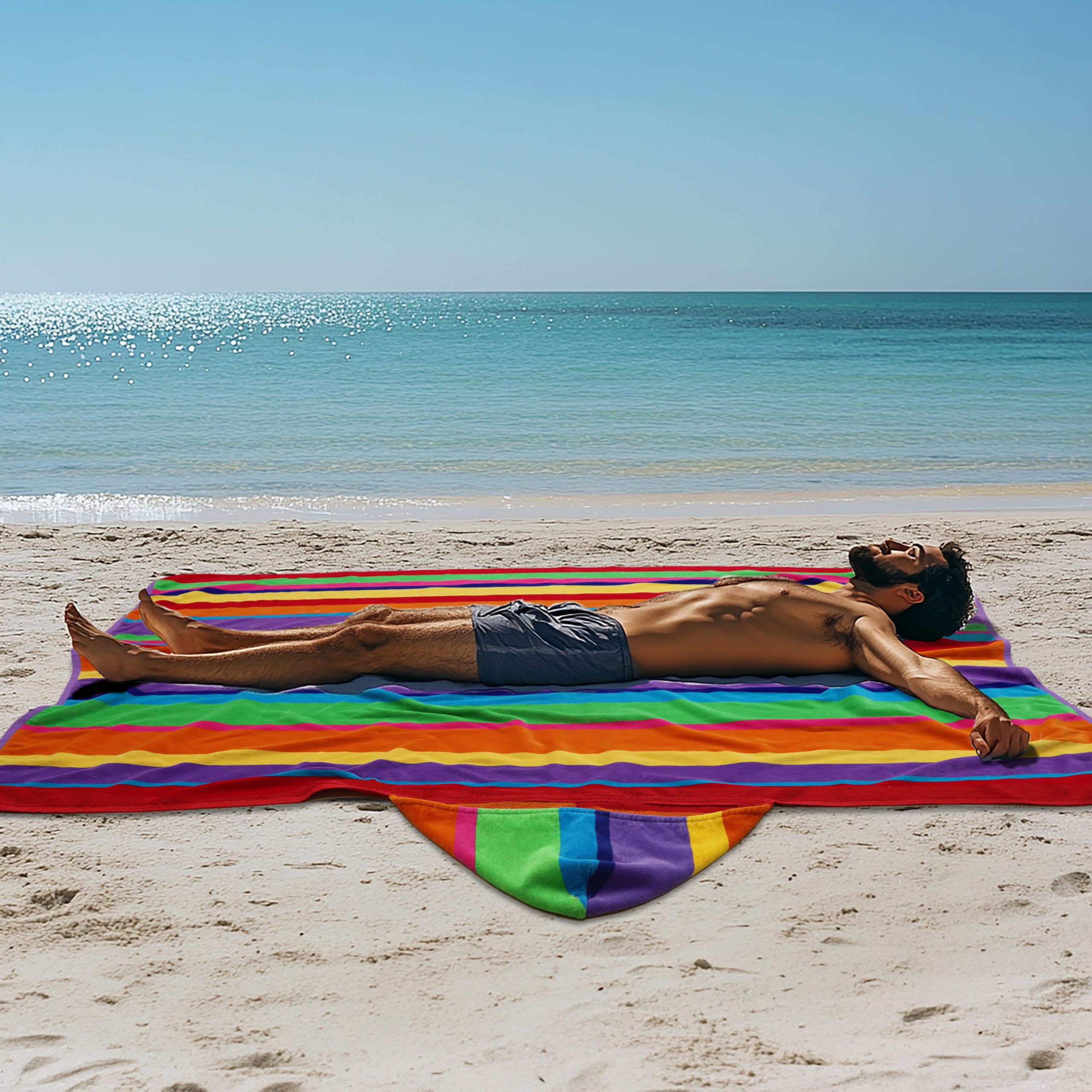 COTTON CRAFT Ombre Stripe Extra Wide Beach Towel for Two - 58x68 - Pure Cotton - Double Woven Jacquard Thick Plush Super Soft Luxurious Velour Pile - Pool Picnic Bath - 450 GSM - Blue