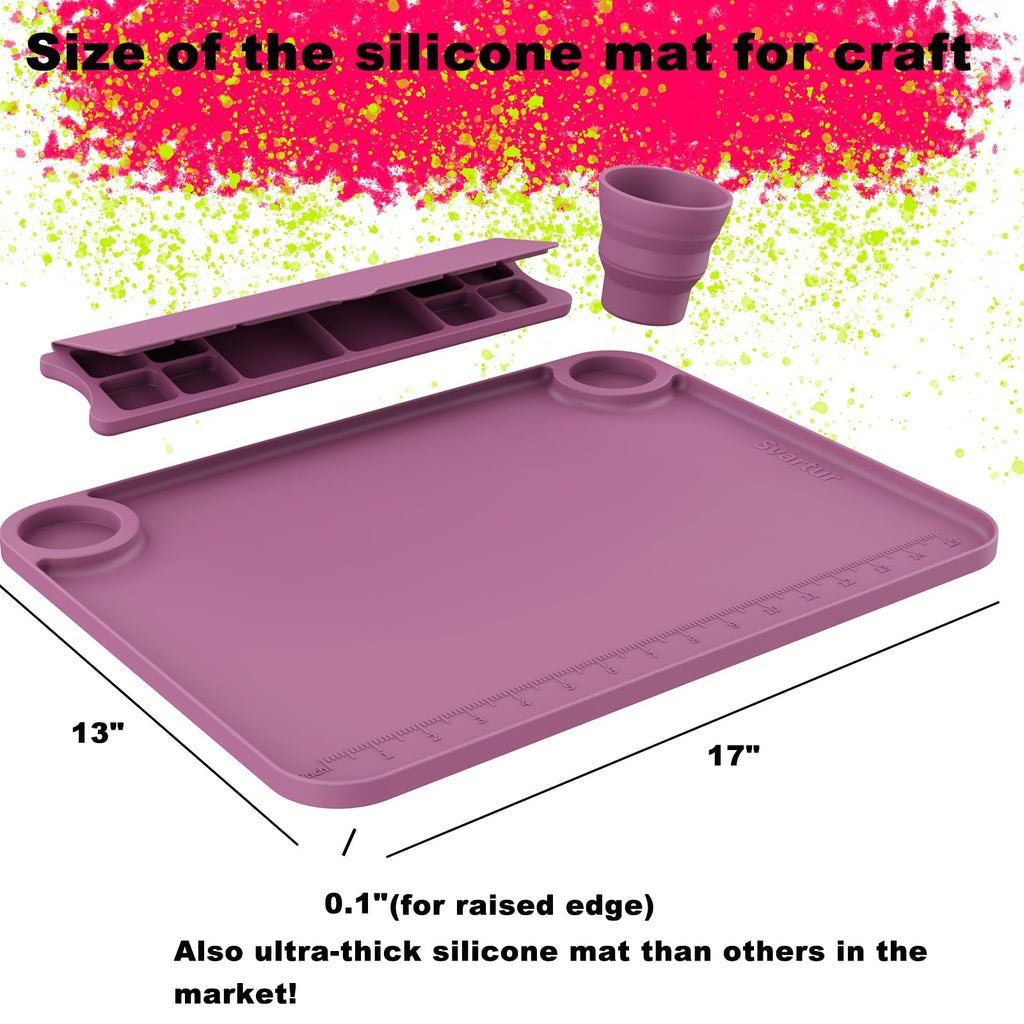 Svartur Silicone Art Mat - 17" X 13" With Cup and Palette, Raised Edge for Craft, Artist Creator Mat for Resin DIY, Coral Pink