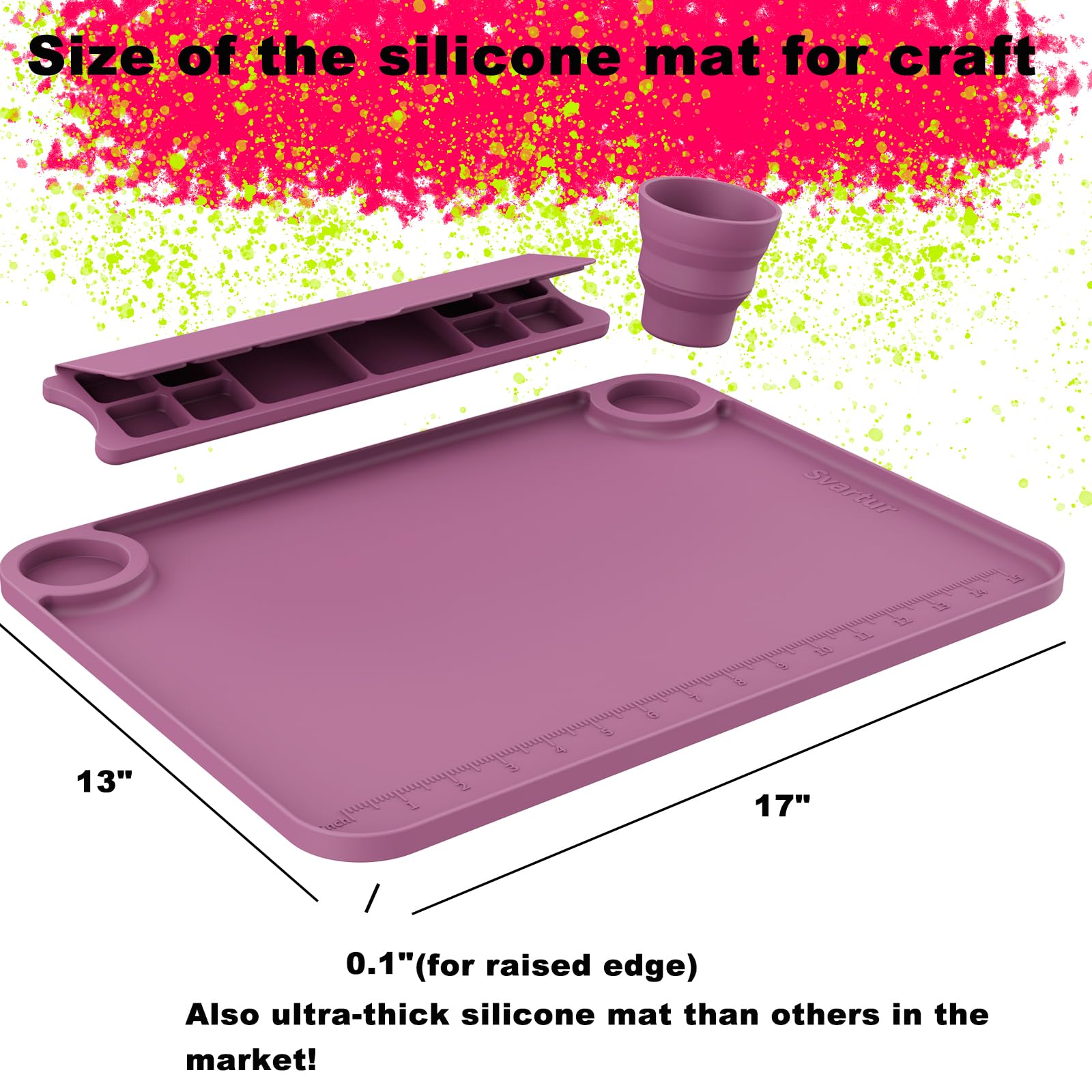 Svartur Silicone Art Mat - 17" X 13" With Cup and Palette, Raised Edge for Craft, Artist Creator Mat for Resin DIY, Coral Pink
