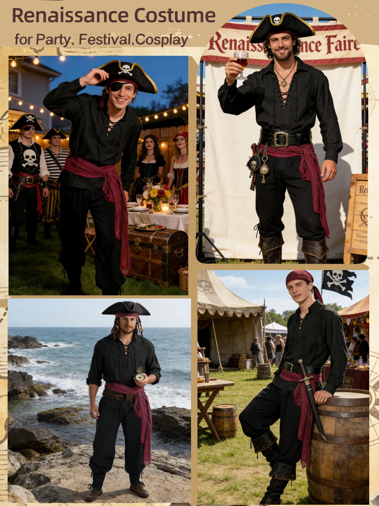 Verceco Mens Pirate Costume Outfit Renaissance Costume Men Medieval Outfit With Pirate Pants Shirts Sash Accessories (Black, Medium)