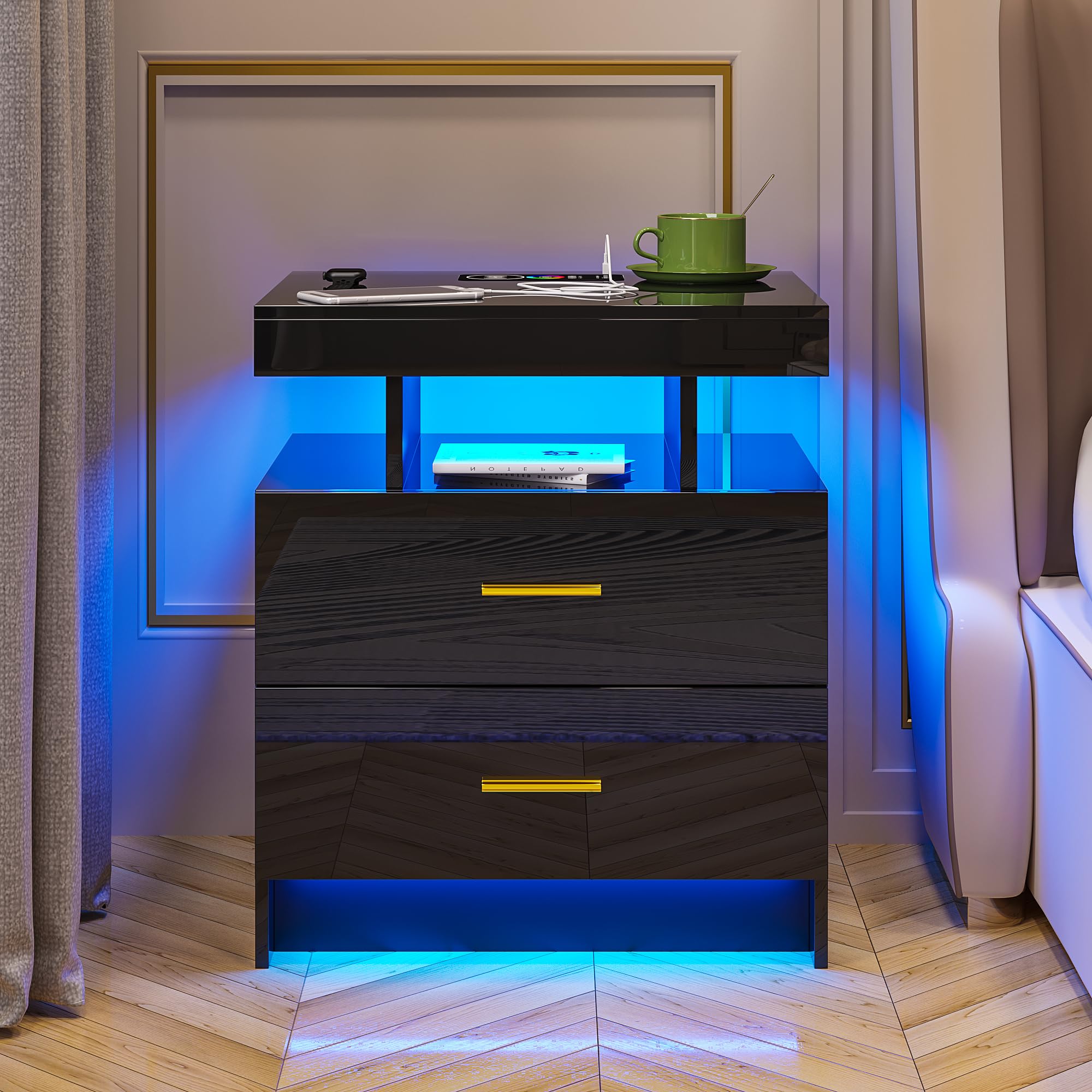 HNEBC LED Nightstand with Charging Station,Smart Bedside Table with Motion Sensor Lights,3 Drawers,Tempered Glass Top,High Gloss End Table with 3 Color Lights for Bedroom, Living Room,Office-Black