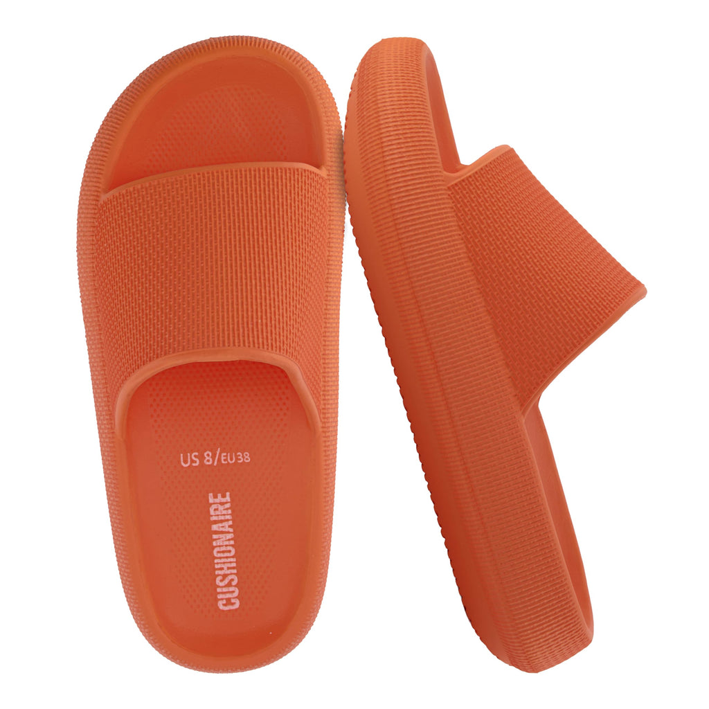 CUSHIONAIRE Feather EVA Slides for Women – Comfortable Slip On Womens Slippers, Indoor Outdoor Shower Shoes, Beach Essential Cloud Slides