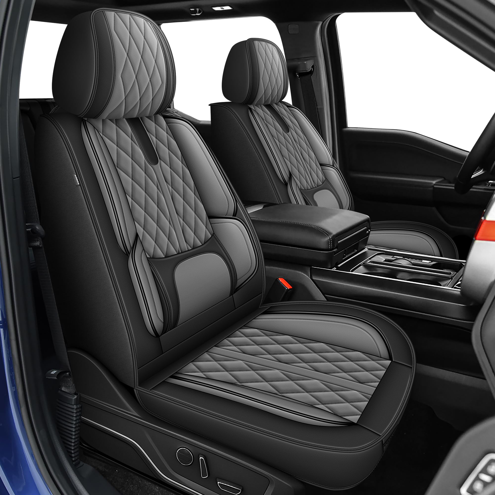 AOMSAZTO Seat Covers Fit for Ford F150 : 2009-2024 2025 2026 - F250/F350/F450 2017-2024 2025 2026 Truck Pick-up Front Car Seat Covers Faux Leather(Blackline, 2PCS Front)