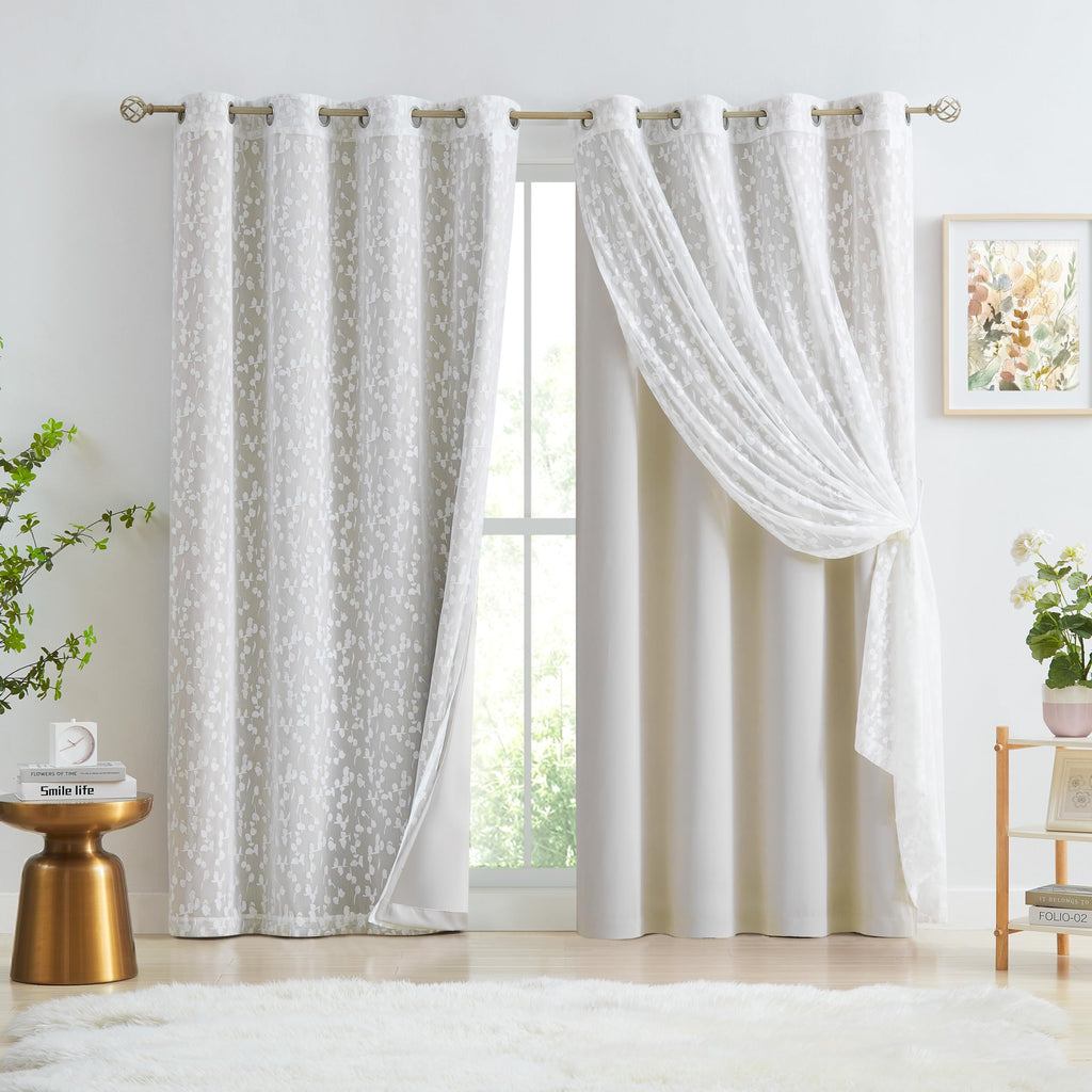 Jubilantex Full Blackout Curtains + Leaf Sheer Window Panels, Beige Mix and Match Style Double Layer Window Treatment Sets for Bedroom Living Room, 4 Panels 52" W x 63" L, Beige and White