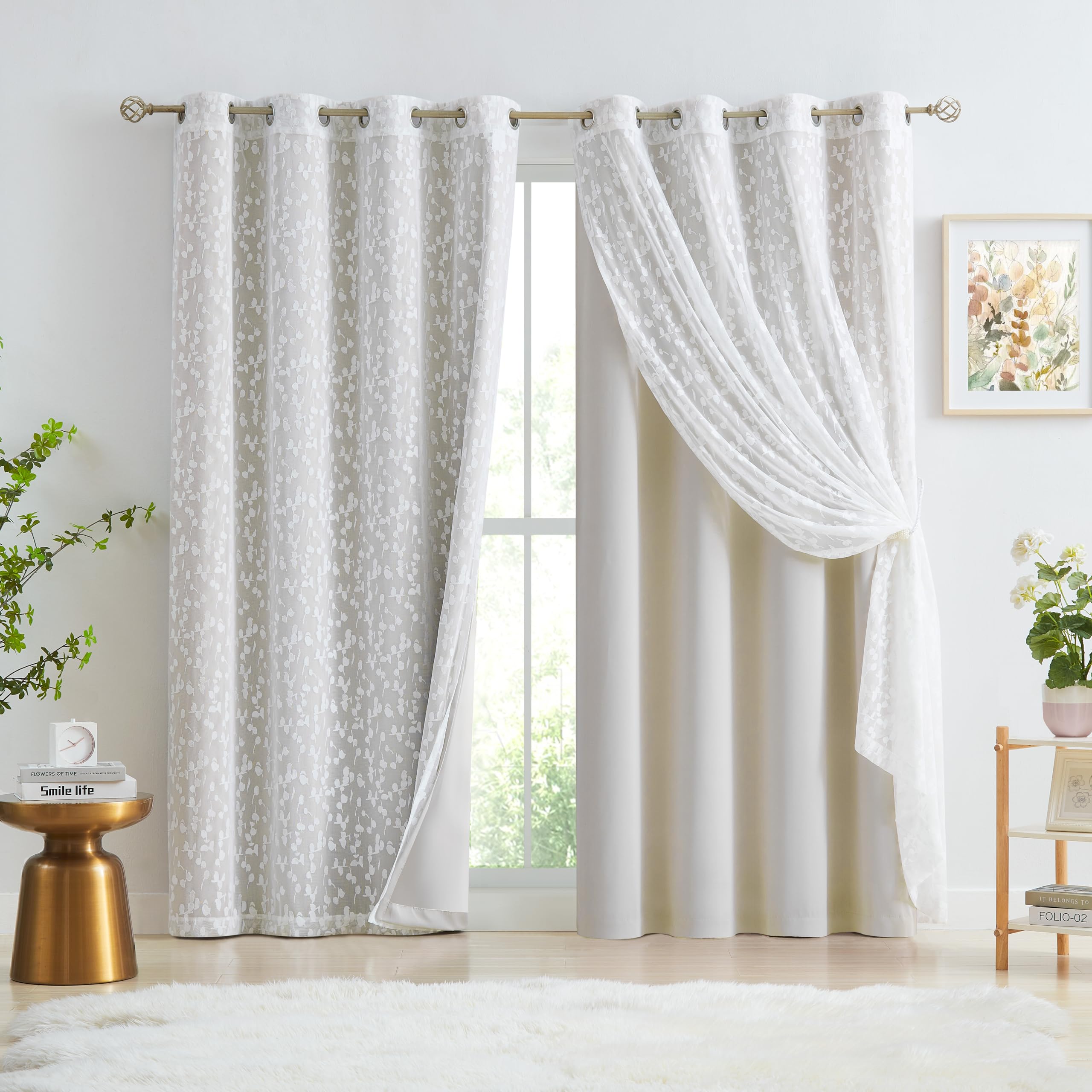 Jubilantex Full Blackout Curtains + Leaf Sheer Window Panels, Beige Mix and Match Style Double Layer Window Treatment Sets for Bedroom Living Room, 4 Panels 52" W x 63" L, Beige and White