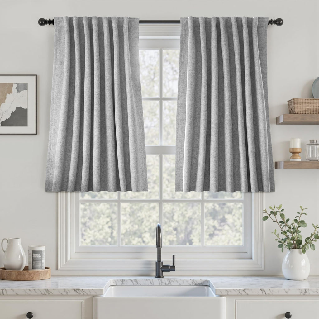 UHITECH Short Linen Curtains 24 Inch Long for Farmhouse Small Windows Modern Cafe Sytle Blackout Curtains for Living Room Back Tab Thermal Black Out Drapes 2ft
