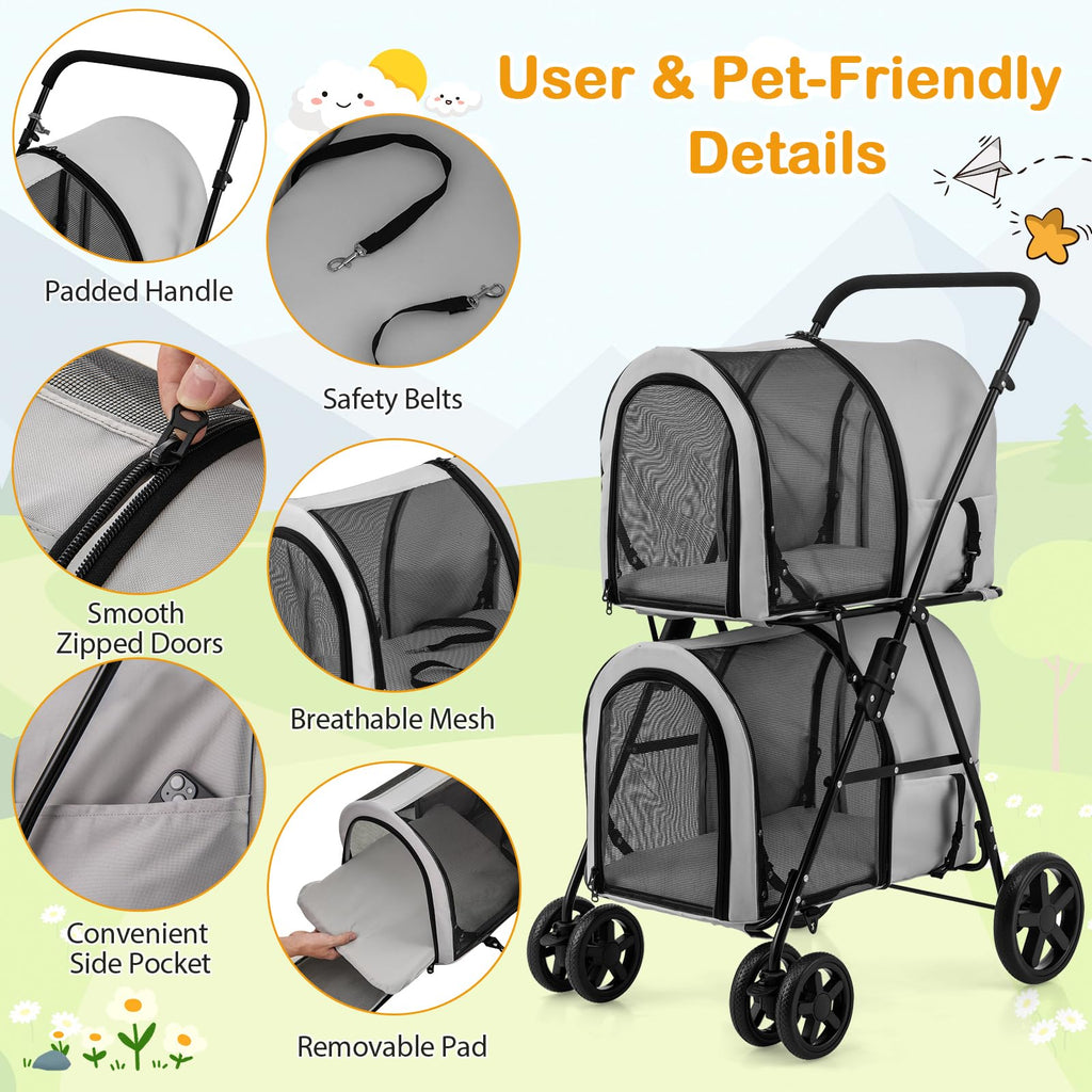 Giantex Double Pet Stroller with 2 Detachable Carrier Bags, Safety Belt, 4 Lockable Wheels, Folding Cat & Dog Stroller for Small Medium Pets, Cats Dogs Puppy Travel Strolling Cart (Beige)