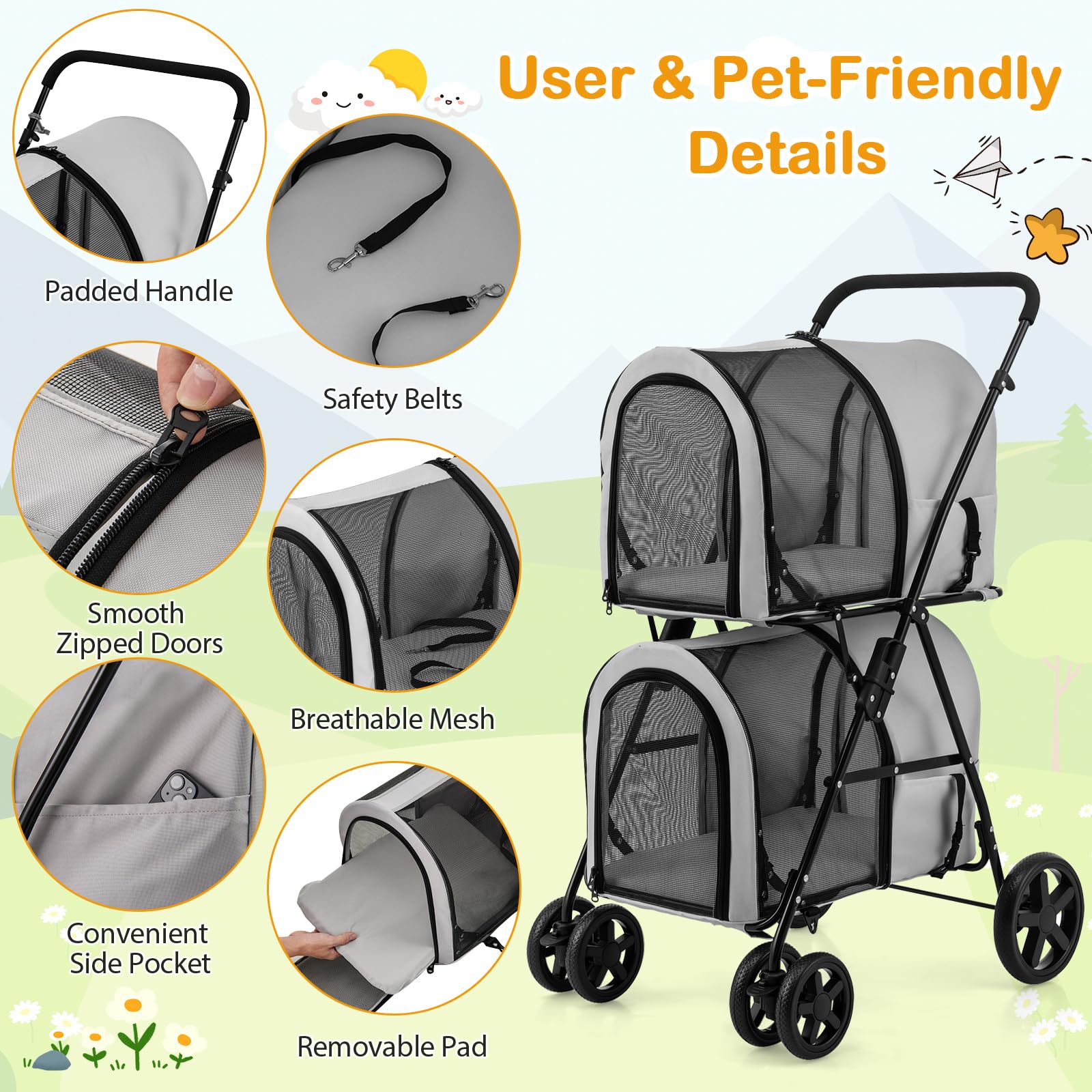 Giantex Double Pet Stroller with 2 Detachable Carrier Bags, Safety Belt, 4 Lockable Wheels, Folding Cat & Dog Stroller for Small Medium Pets, Cats Dogs Puppy Travel Strolling Cart (Beige)
