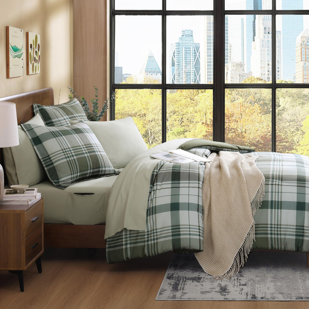 MaiRêve Queen Comforter Set, Classic Plaid Farmhouse Bedding Sets 7 Pieces, Beige All Season Bed in A Bag with Sheets, Pillowcases & Shams