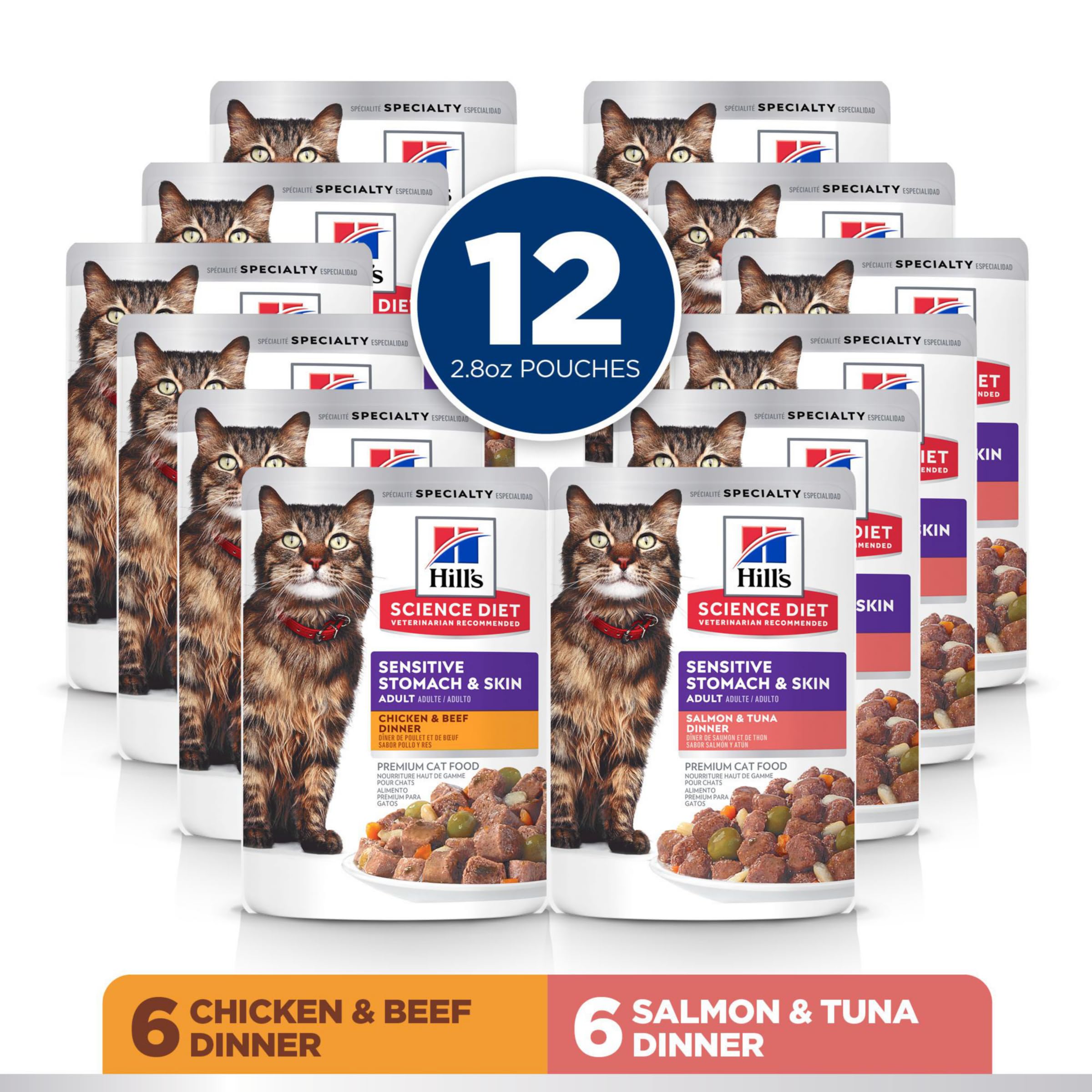 Hill's Science Diet Adult Sensitive Stomach & Skin Wet Cat Food, Chicken & Beef, 2.8 oz. Pouches, 24-Pack