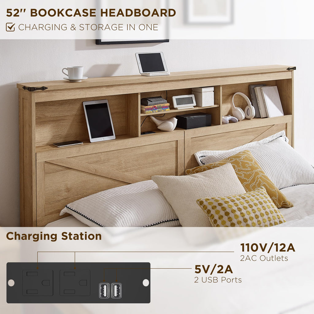 ACCOHOHO Farmhouse Queen Size Bed Frame with 52" Storage Bookcase Headboard and 4 Drawers,Wood Bed Frame with LED Light and Charging Station,Natural Oak