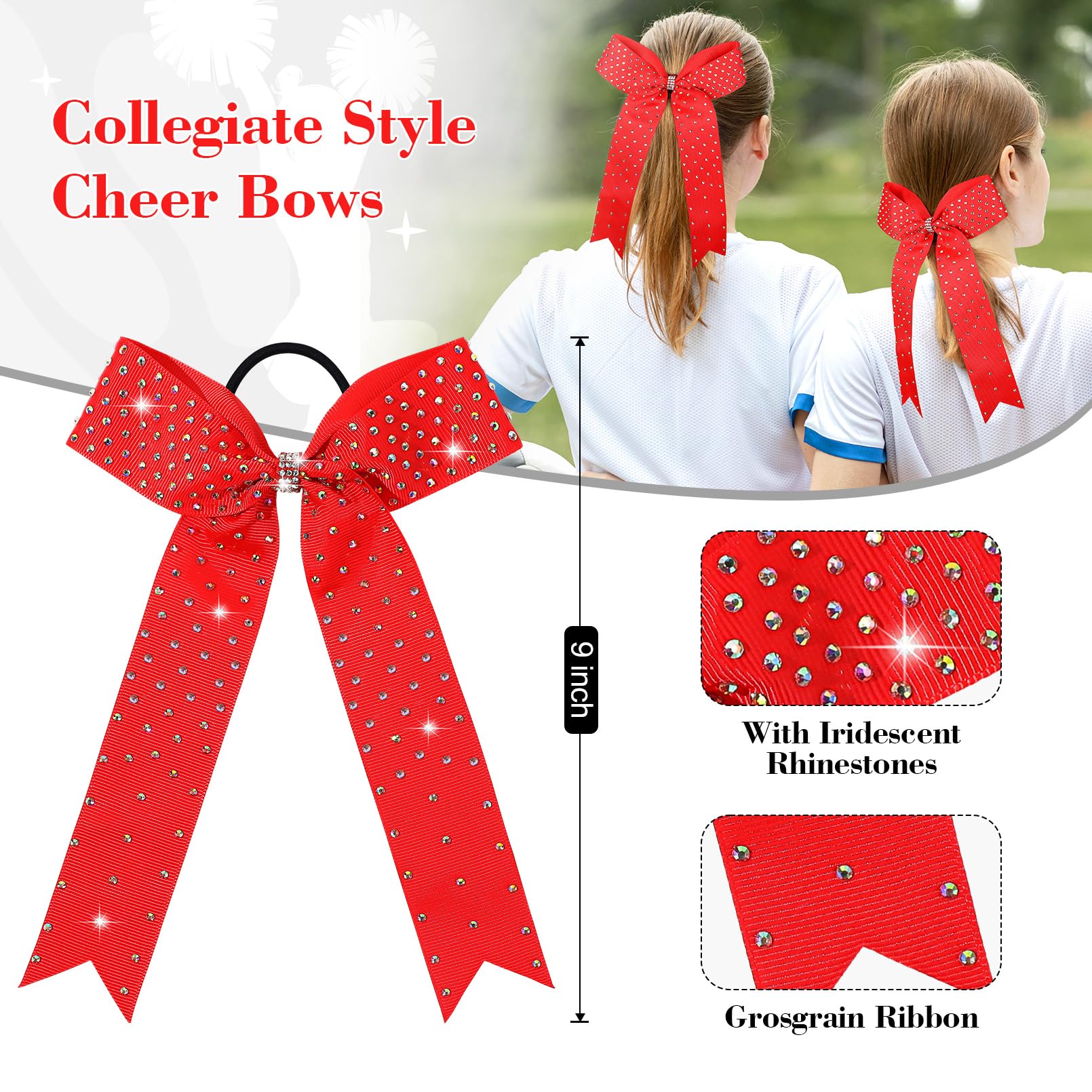 DEEKA 12 Count Collegiate Style Cheer Bows, Forest Green with Rhinestones, Handmade Bows for Girls Teens Cheerleader Sports