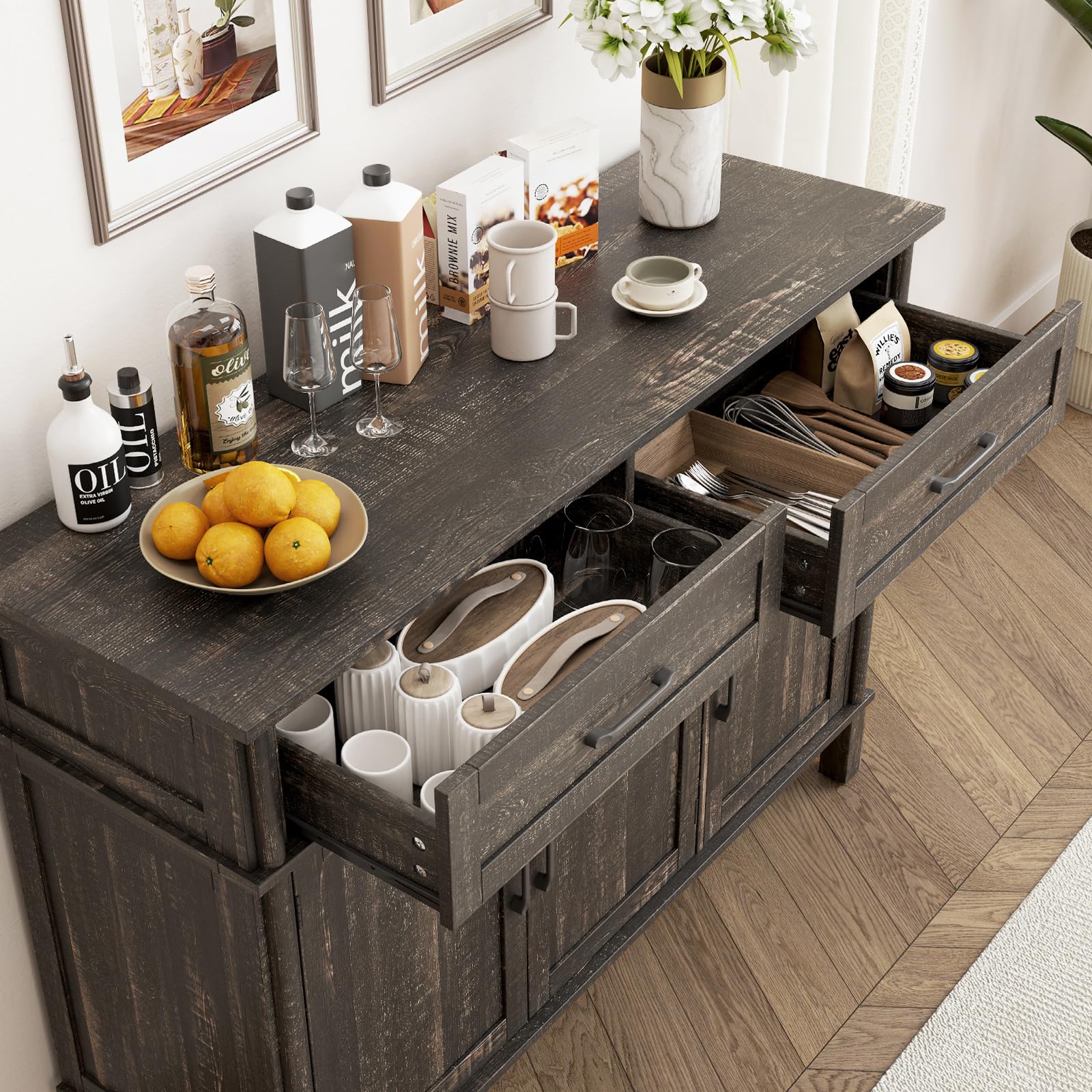 ONBRILL 48 Inches Buffet Cabinet with Storage, Farmhouse Sideboard Buffet w/2 Drawers and 3 Doors, Wood Coffee Bar Cabinet with Adjustable Shelves, Sideboard Storage for Kitchen, Living Room, Black
