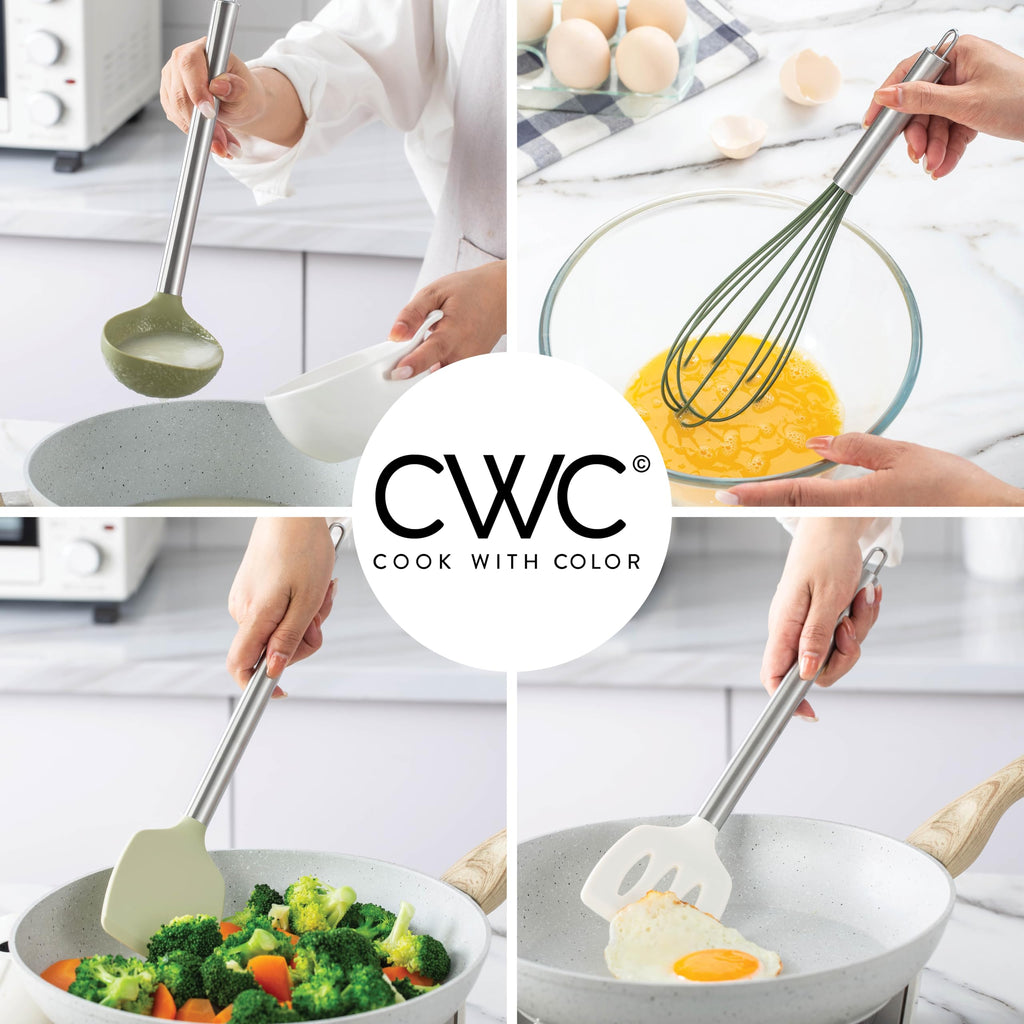 COOK WITH COLOR Silicone Cooking Utensils, Kitchen Utensil Set, Easy to Clean Silicone Kitchen Utensils, Cooking Utensils for Nonstick Cookware, Kitchen Gadgets Set with Holder, 10 Pieces