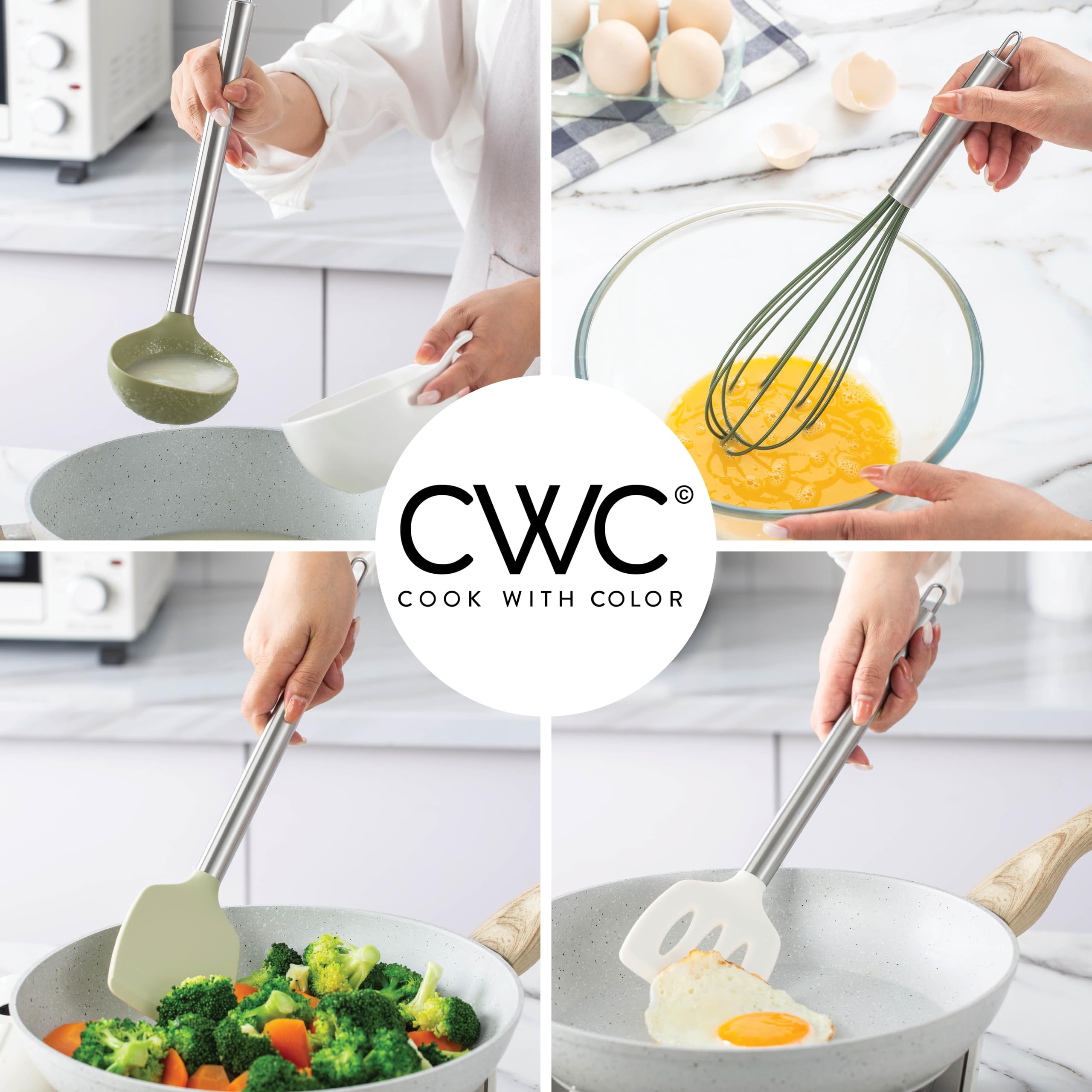 COOK WITH COLOR Silicone Cooking Utensils, Kitchen Utensil Set, Easy to Clean Silicone Kitchen Utensils, Cooking Utensils for Nonstick Cookware, Kitchen Gadgets Set with Holder, 10 Pieces