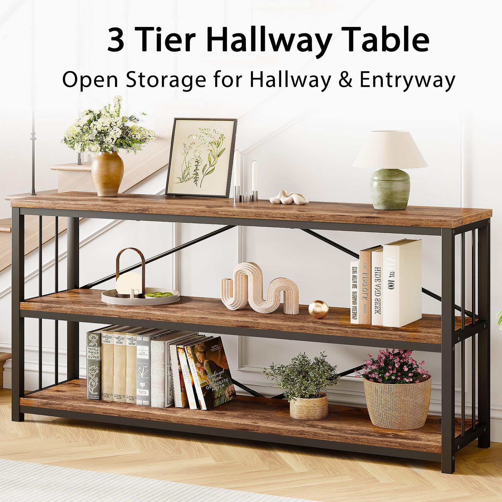 LVB Black Console Table, Modern Entryway Table for Hallway Living Room, Industrial Sofa Table Behind Couch, Farmhouse Wooden Metal Entry Table for Foyer with 3-Tier Storage Shelves, Black Oak, 55 Inch