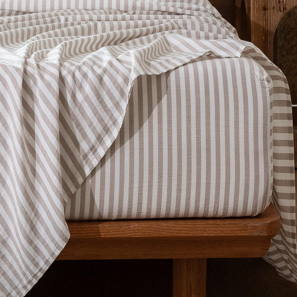 MooMee Fitted Bottom Sheet Only 100% Washed Cotton Linen Like Textured Breathable Durable Soft Comfy Deep Pocket Fits Mattress up to 17" (Almond Milk Grey, Twin)