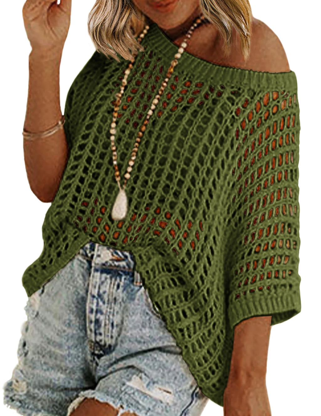 Zeagoo Short Sleeve Crochet Sweater Lightweight Summer Tops Loose Hollow Out Crewneck Pullover
