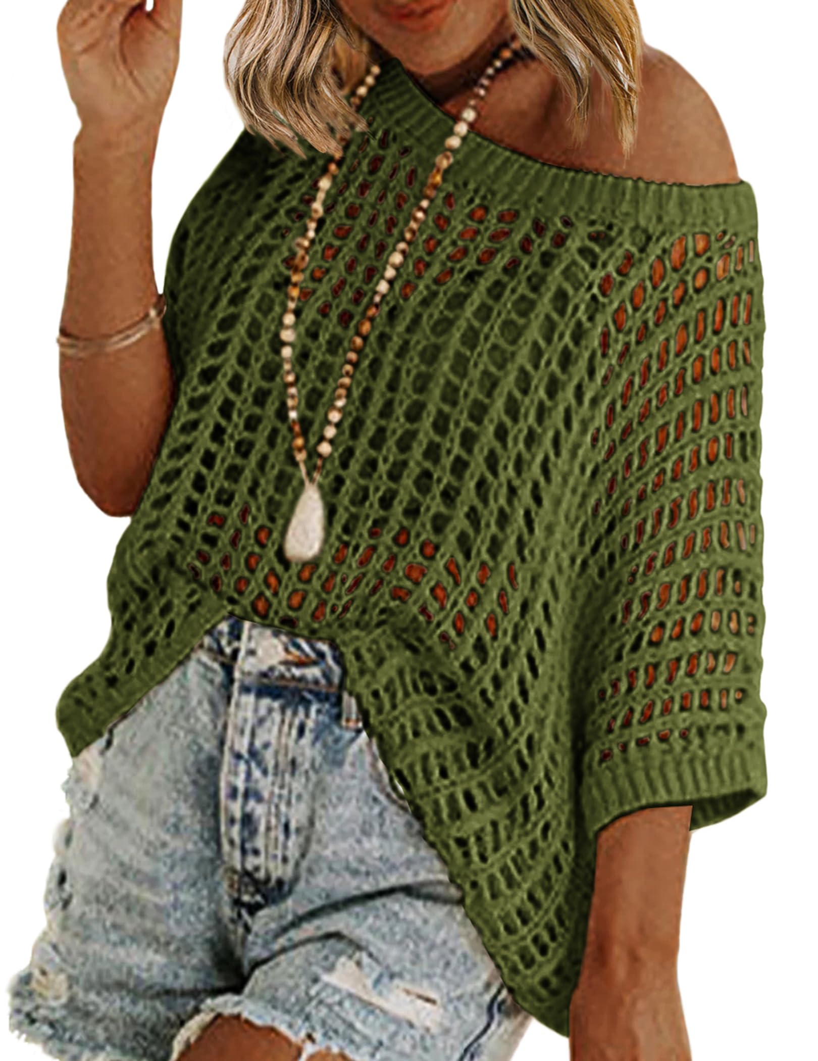 Zeagoo Short Sleeve Crochet Sweater Lightweight Summer Tops Loose Hollow Out Crewneck Pullover