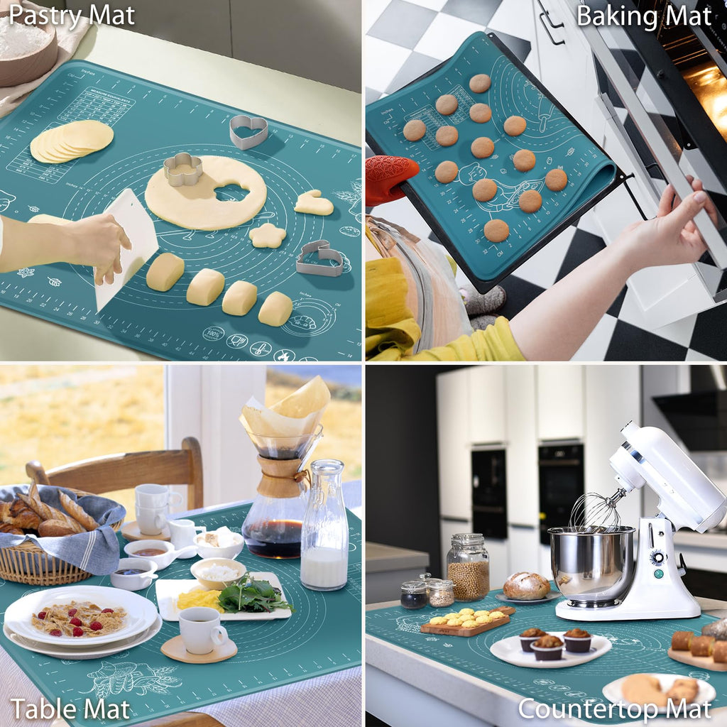 Silicone Baking Mat 24" x 16" Extra Thick Non-stick Pastry Mat with Measurements and Edge Heightening, Food Grade Silicone for Countertop Dough Rolling Making Bread, Cookies, Pizza, Fondant, Pasta