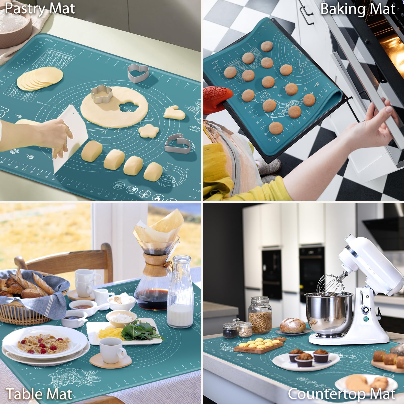 Silicone Baking Mat 24" x 16" Extra Thick Non-stick Pastry Mat with Measurements and Edge Heightening, Food Grade Silicone for Countertop Dough Rolling Making Bread, Cookies, Pizza, Fondant, Pasta