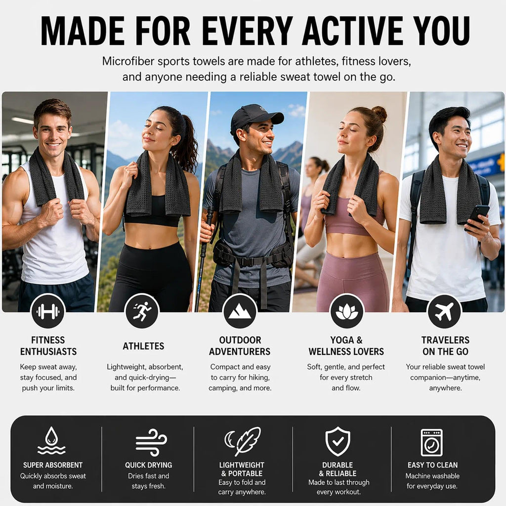 Microfiber Gym Towels for Showering Working Out Quick Dry Negative ions Large Middle Small Sizes Lightweight Gym Towel for Men Women Tennis Sports Towels for Body Hot Yoga Fitness Essentials
