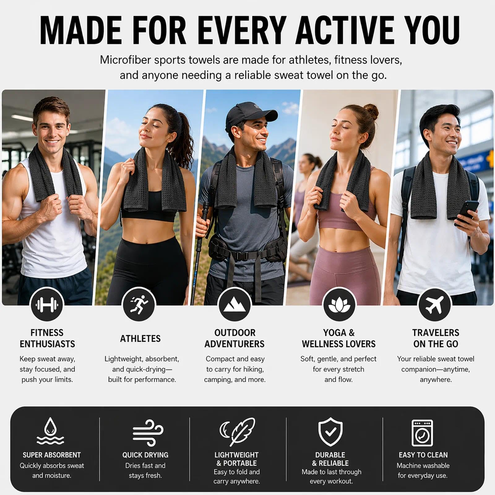 Microfiber Gym Towels for Showering Working Out Quick Dry Negative ions Large Middle Small Sizes Lightweight Gym Towel for Men Women Tennis Sports Towels for Body Hot Yoga Fitness Essentials
