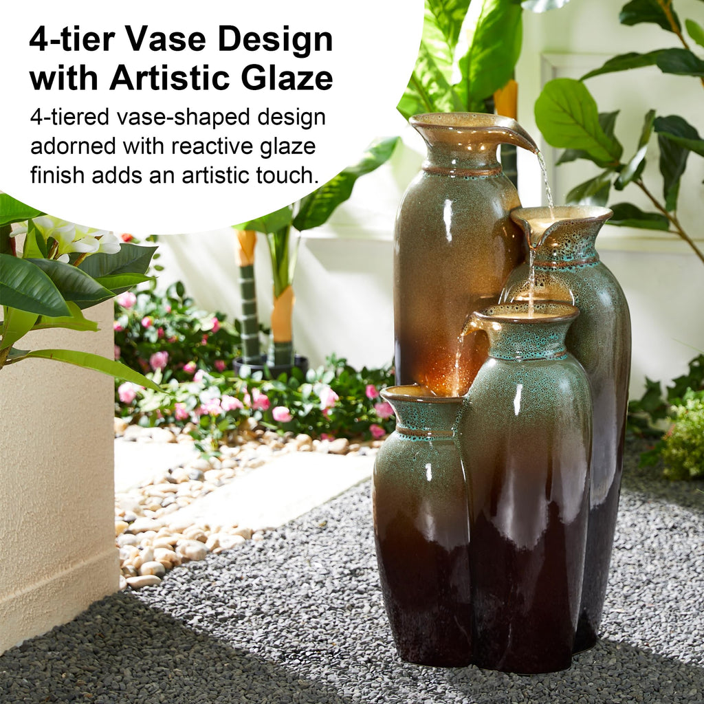 Glitzhome 27.25" H Outdoor Garden Water Fountain with LED Lights and Pump, 4 Tier Cobalt Blue Embossed Pattern Ceramic Pots Cascading Floor Standing Fountain for Porch Deck Patio Backyard Decoration