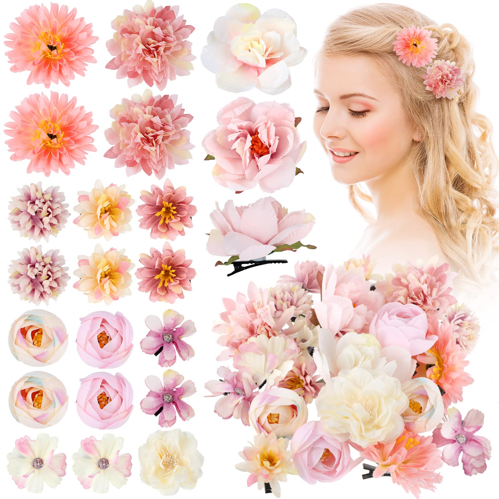 BBTO Flower Hair Clip Rose Hair Clips Barrettes for Women Flower Accessories Boho Bride Claw Clip Hairpin Brooch Pin Headpiece for Wedding(Beige Orange Series,21 Pcs)