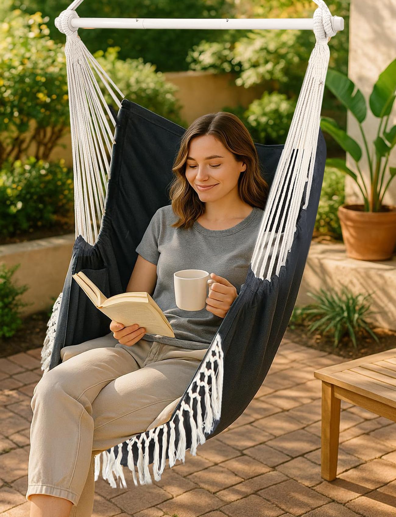 Chihee Hammock Chair Hanging Swing Max 500 Lbs 2 Cushions Included Metal Spreader Bar with Anti-Slip Grooves Portable Hanging Chair Side Pocket Large Macrame Bohemian Chair Indoor Outdoor | Hanging Swing with Anti-Slip Grooves Portable Hanging Chair Side