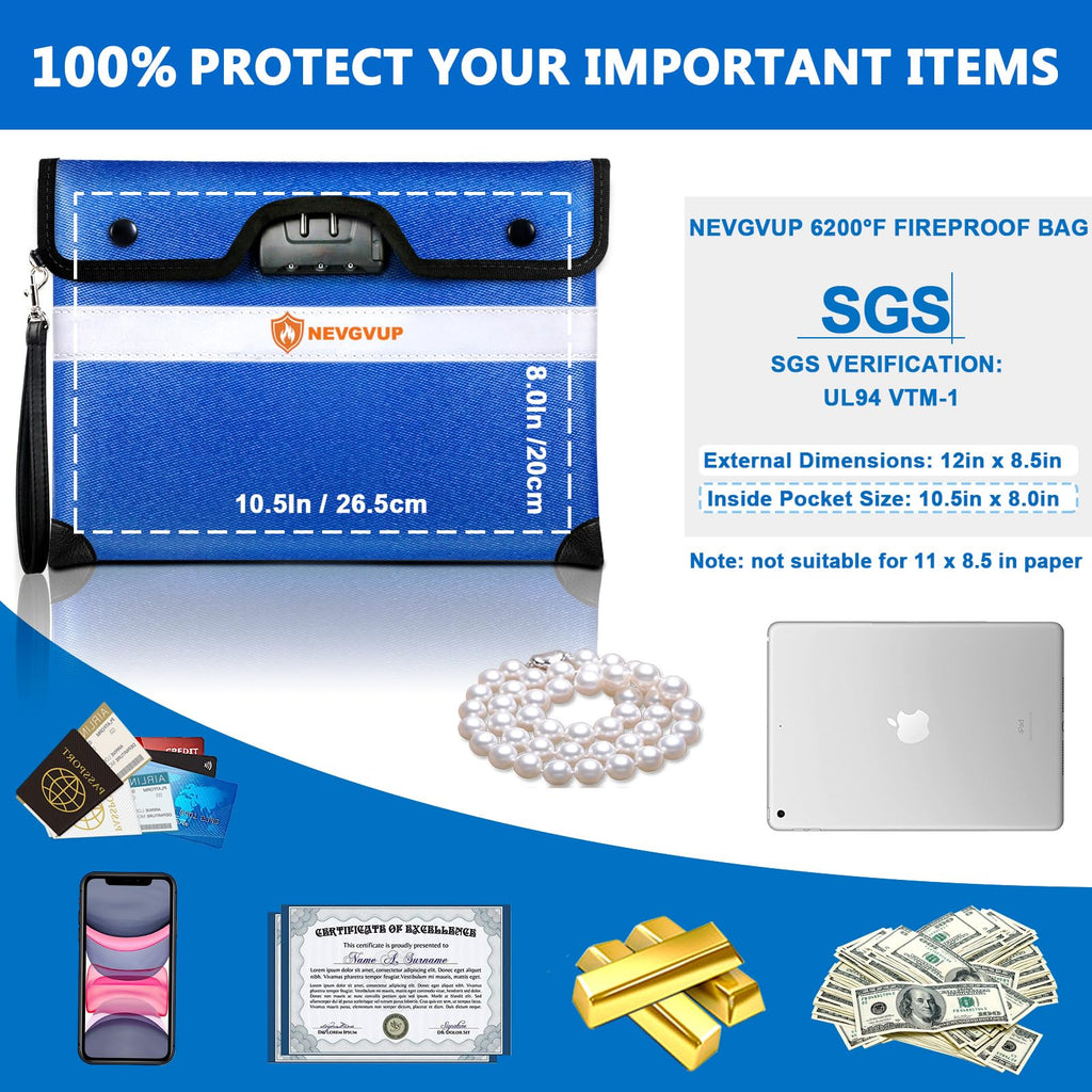 Fireproof Money Bag 4200°F - Heat Insulated, 9.8 x 6.5" Small Fireproof Document Bags with Waterproof Zipper, Fire proof Bag with Reflective Strip and Fireproofs Edeging, Fire Pouch Set for Valuables