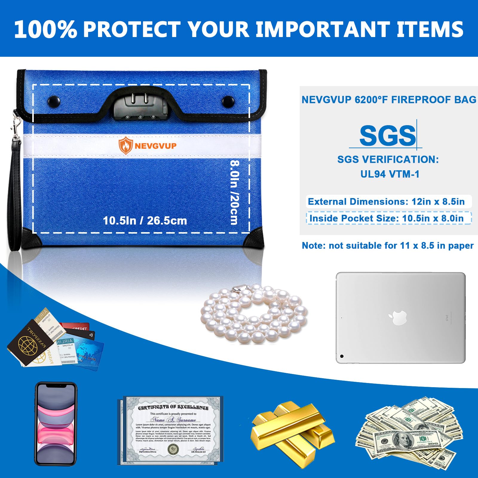 Fireproof Money Bag 4200°F - Heat Insulated, 9.8 x 6.5" Small Fireproof Document Bags with Waterproof Zipper, Fire proof Bag with Reflective Strip and Fireproofs Edeging, Fire Pouch Set for Valuables