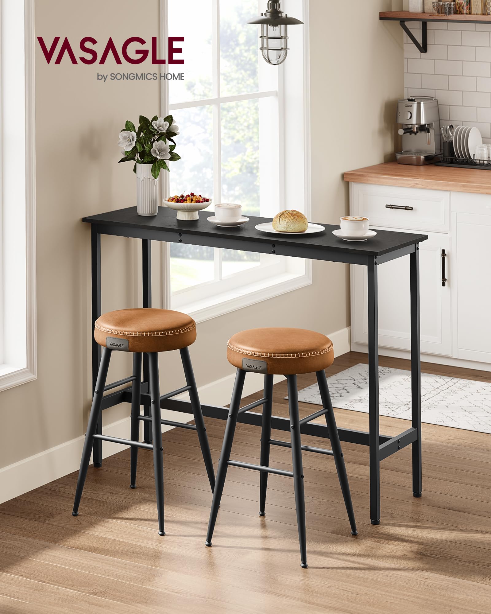 VASAGLE Bar Table, Kitchen Dining Table, High Top Pub Table, Bar Height Cocktail Table for Living Room Party, Sturdy Metal, 15.7 x 39.4 x 35.4 Inches for Narrow Spaces, Ebony Black and Ink Black