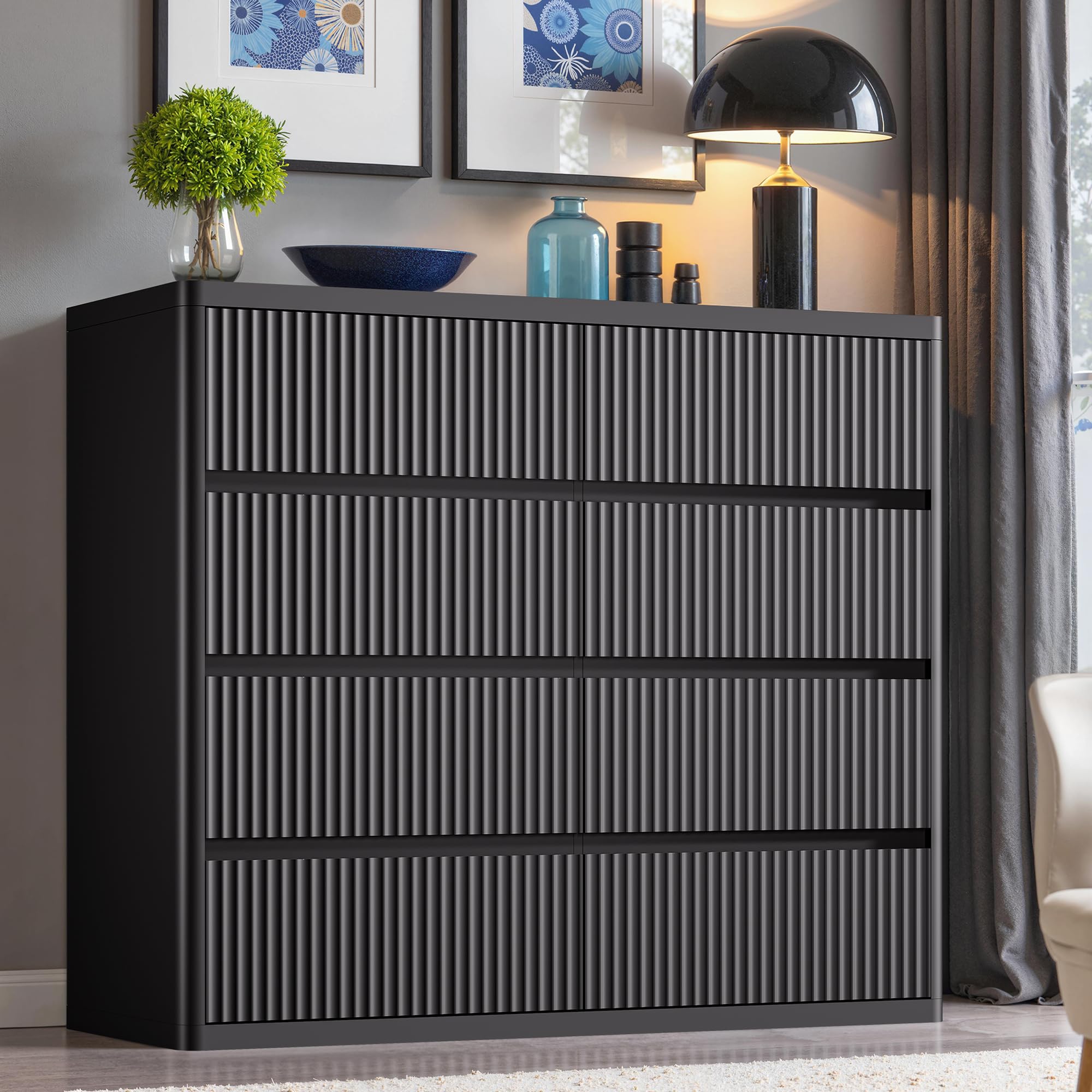 Standifurno Black 56" Tall Dresser for Bedroom, Fluted Modern 6 Drawers Deep Dressers, Wood Chest of Drawers with Handleless, Curved Profil Storage Closet Dressers for Bedroom, Living Room, Hallway